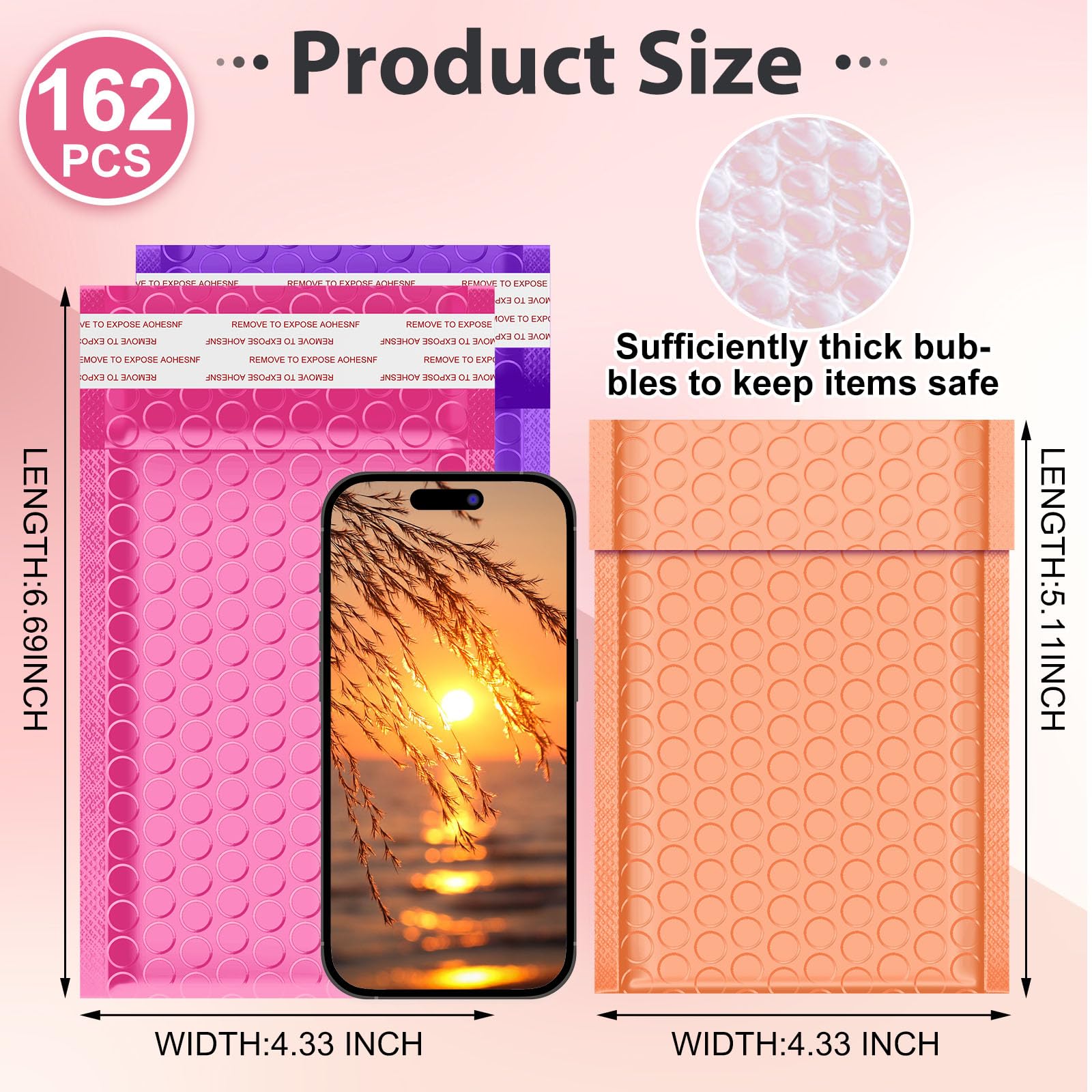 Henoyso Lot de 162 enveloppes d'expédition colorées à petites bulles en polyéthylène - 10,2 x 15,2 cm - Sacs d'expédition rembourrés pour emballage d'expédition (violet, orange, rose rouge)