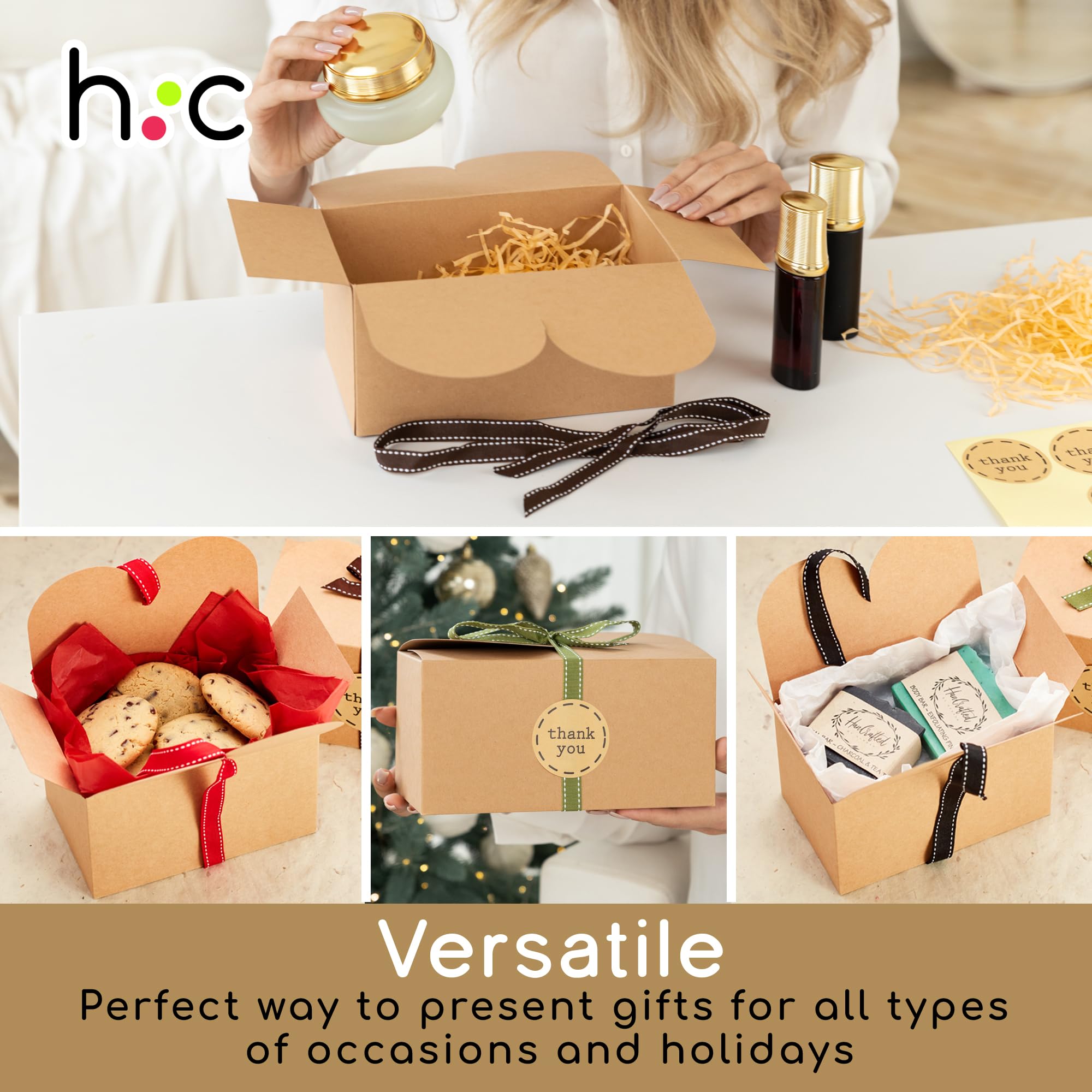 Cajas de galletas grandes de papel kraft marrón para regalar (paquete de 20) cajas de regalo de cartón de 9 x 5.5 pulgadas con cintas y calcomanía para productos horneados, pequeñas cajas de dulces
