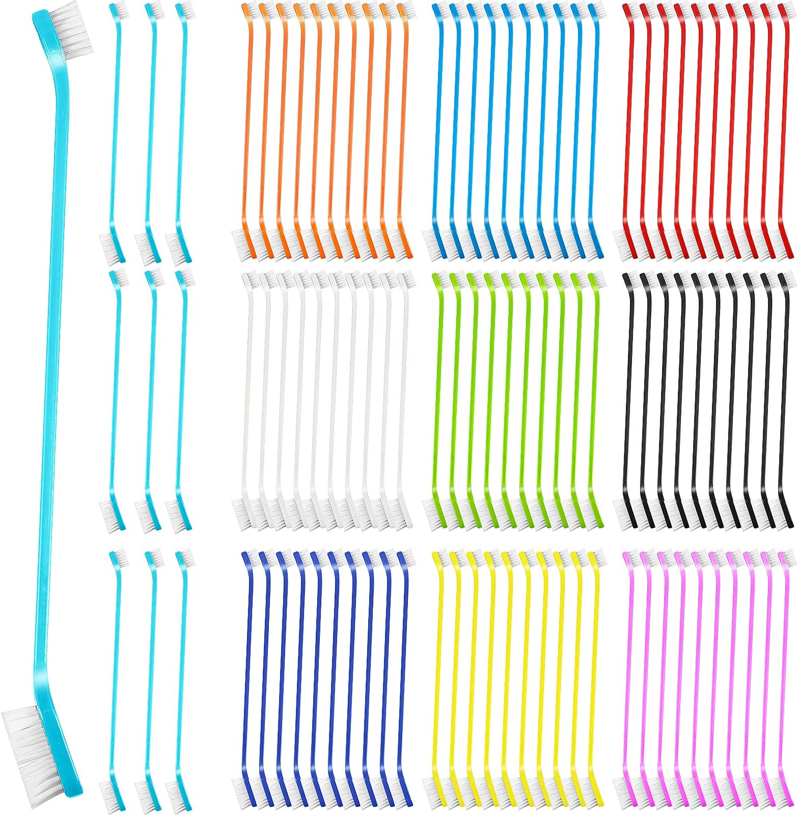 Potchen 100 Count Dog Toothbrush Bulk Dual Headed Pet Toothbrush Kit Soft Bristles Long Handle Double Sided for Dog Grooming Puppy Pet Large Small Teeth Cleaning Dental Oral Care, 10 Color