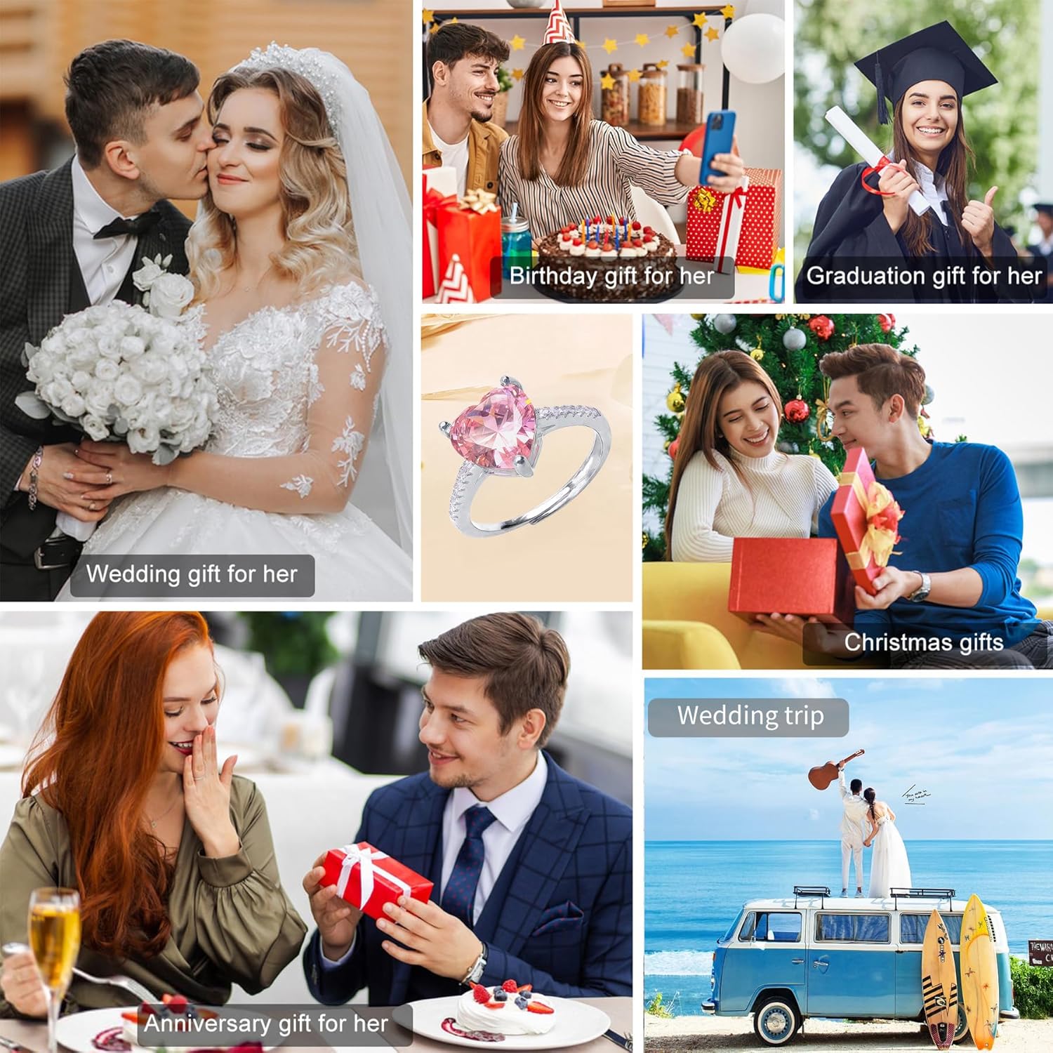 3ct Solitaire Pink Heart Sterling Silver Engagement Rings For Women,Dainty Love Anniversary Jewelry,Non Tarnish Cubic Zirconia Wedding Ring For Her,18K White Gold Plated Promise Ring Adjustable - Image 5