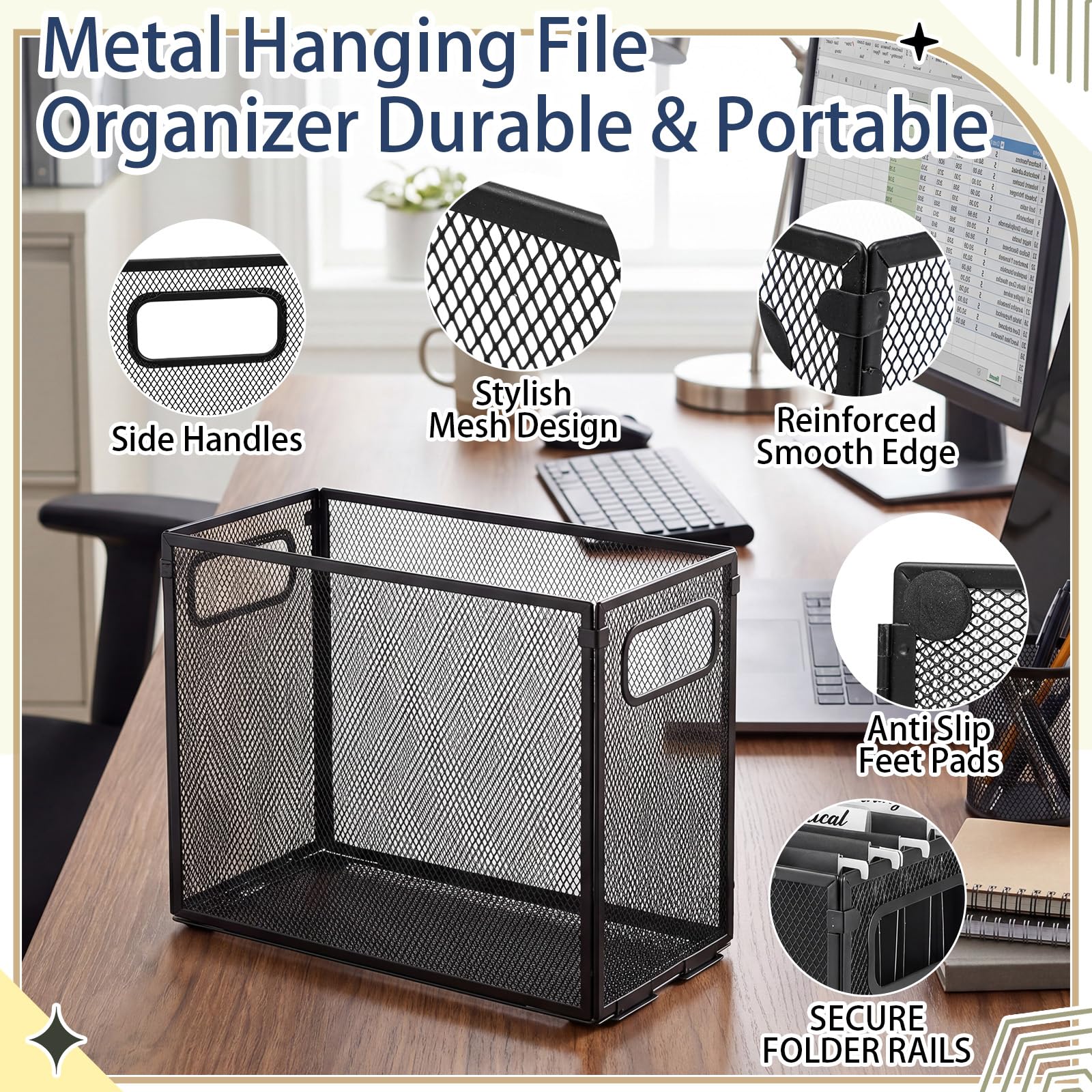 Zhengmy 3 organizadores de archivos colgantes tamaño carta, caja de archivo de malla de metal, carpeta de escritorio, armarios de almacenamiento de cartas, soporte de revistas con asas para oficina