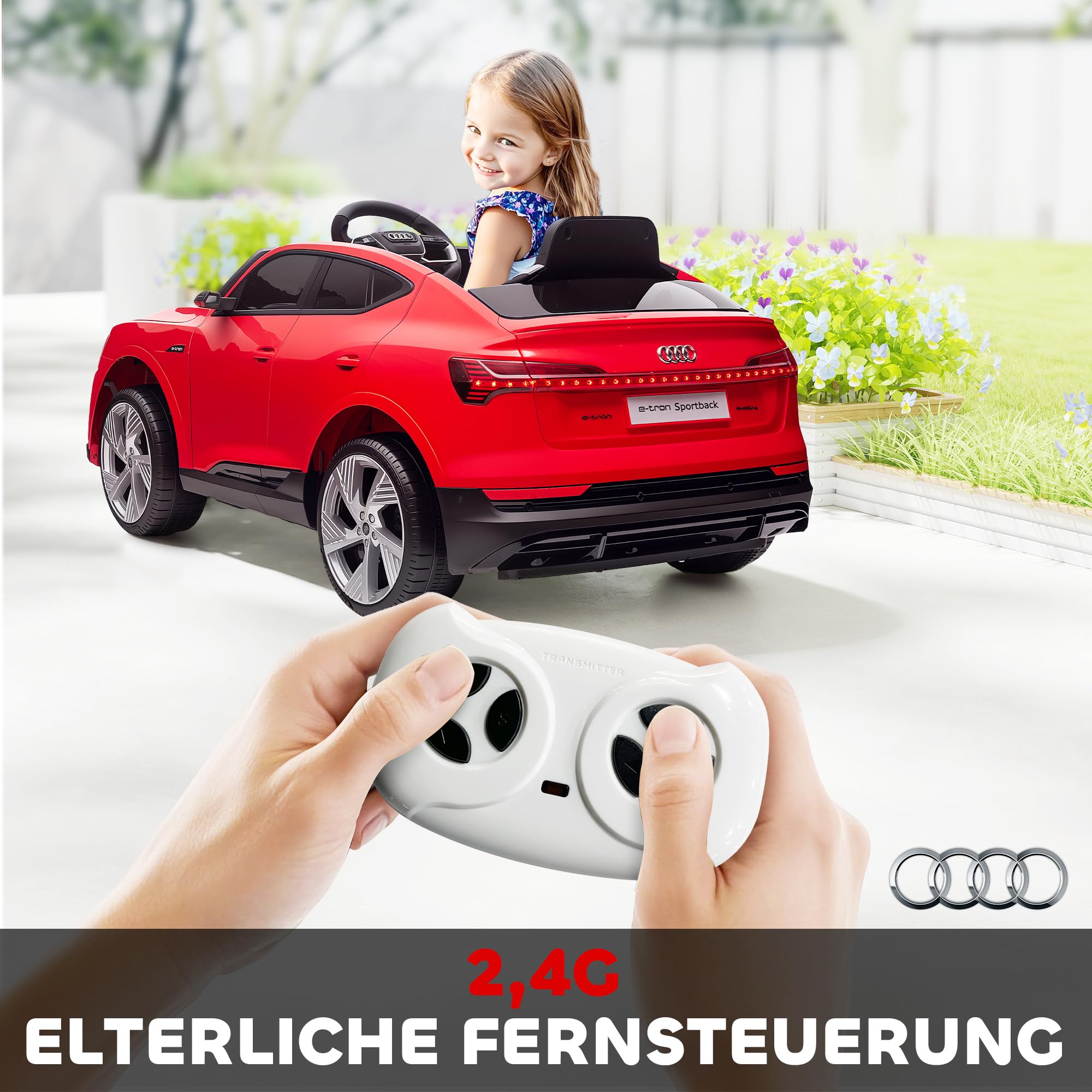 HOMCOM Elektro Kinderauto 12V Audi E-tron Elektrofahrzeug mit Fernbedienung, Sicherheitsgurt und Musikfunktion (MP3/USB/TF), Kinderfahrzeug für 3-5 Jahre, 3-5 km/h, Rot