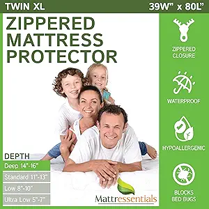 Zippered Twin XL Mattress Protector (14"-16" Depth) - Bed Bug Waterproof Mattress Cover, Premium Quality Hypoallergenic Encasement White