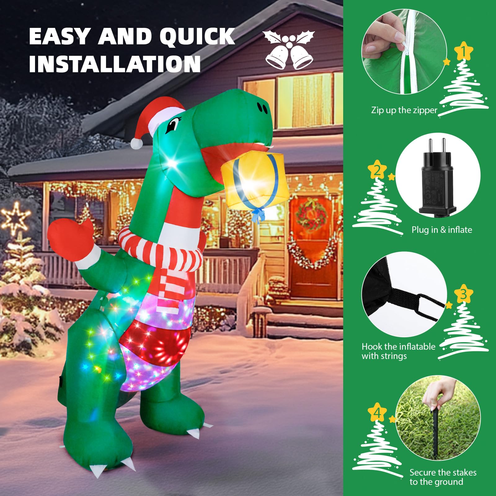 Wothfav Gonfiabili di Natale Dinosauro, Dinosauri Gonfiabili, Decorazioni di Natalecon Luci LED, Luci Rotanti Variopinte, Natale Decorazioni Casa, Feste in Giardino