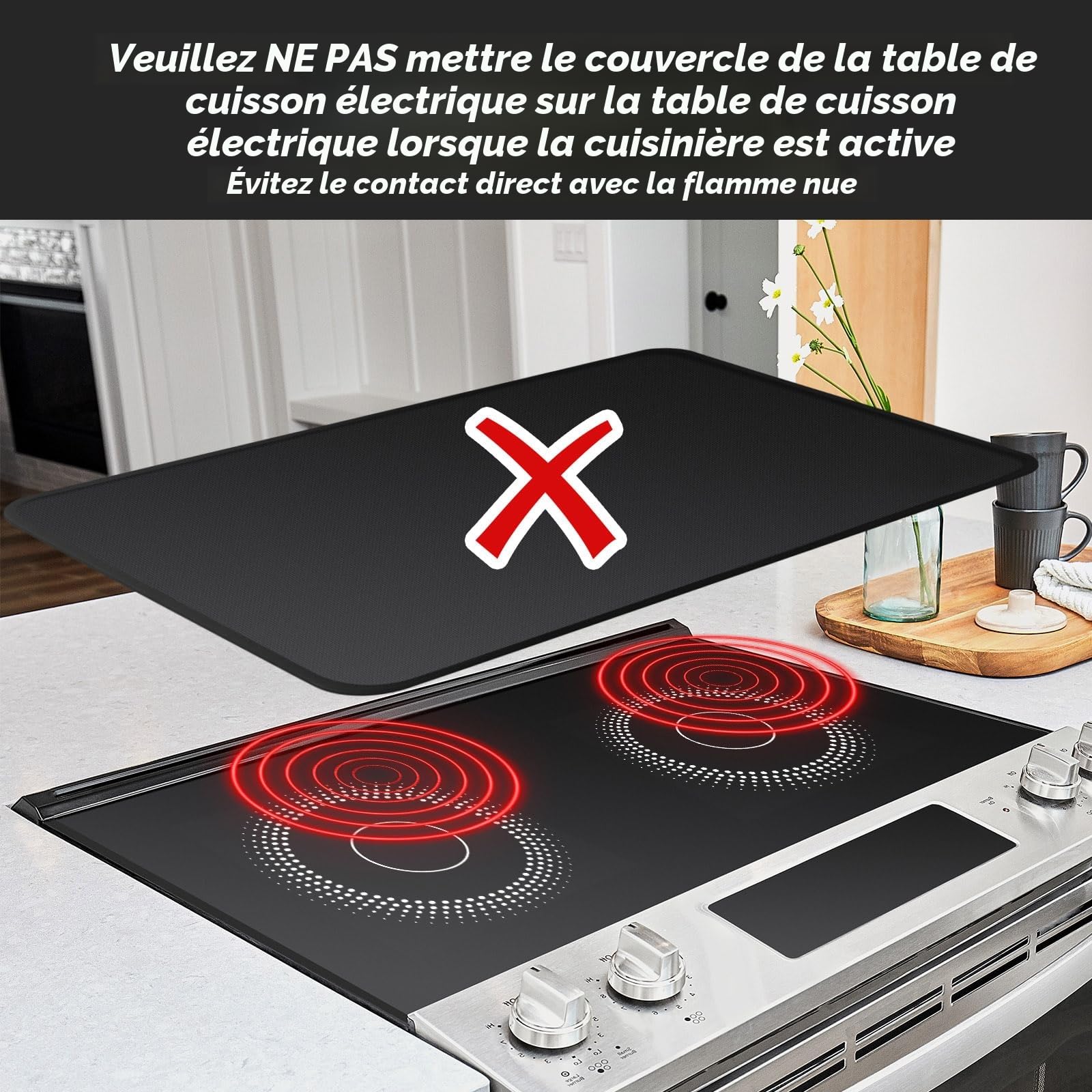 Couvre-plaque ignifuge et imperméable cuisinière électrique verre 53 x 91 cm noir