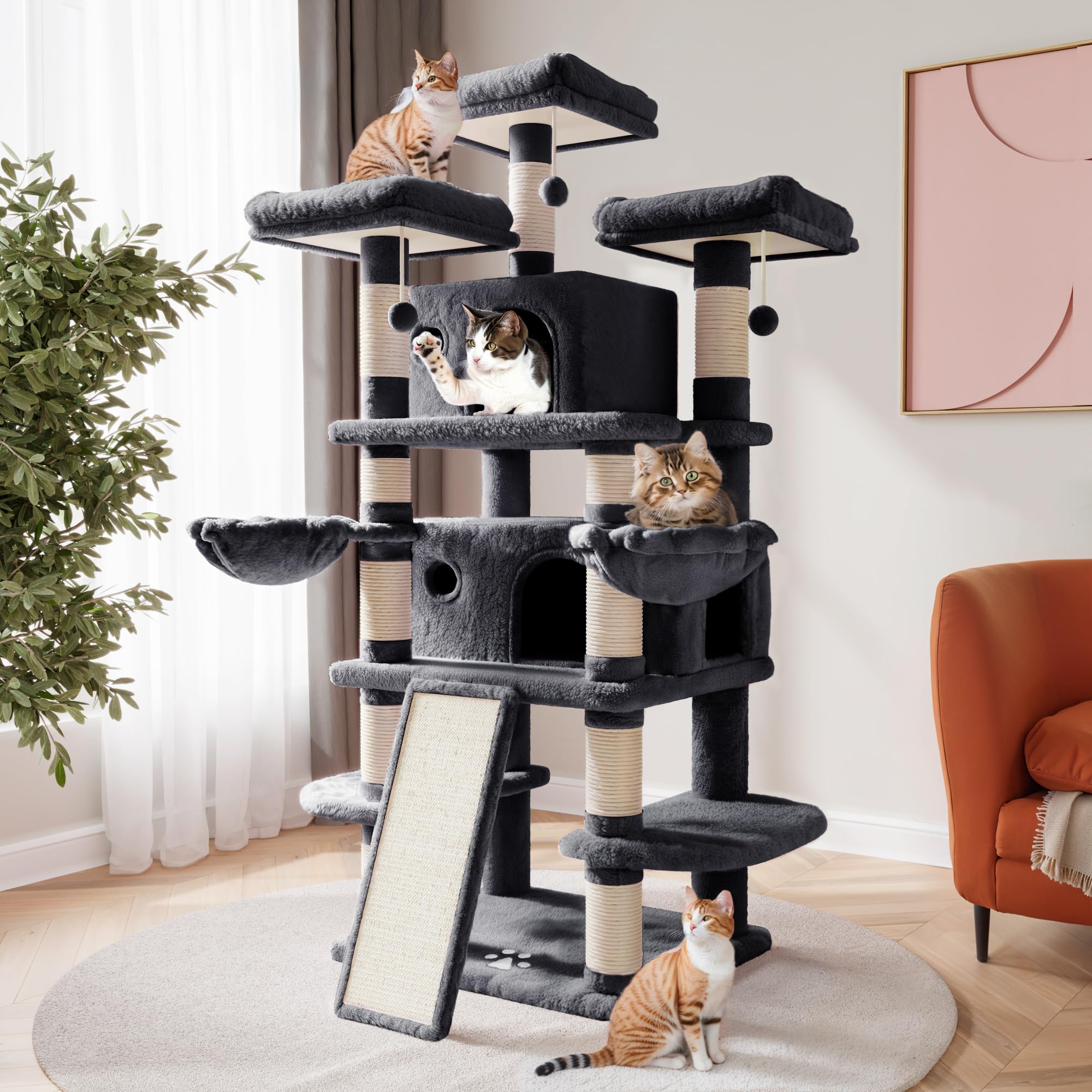 SHA CERLIN 68 Inches Multi-Level Large Cat Tree for Large Kitties/Big Cat Tower with Condo/Cozy Plush Pussycat Perches/Sisal Scratching Posts and Hammocks/Activity Center/Dark Grey