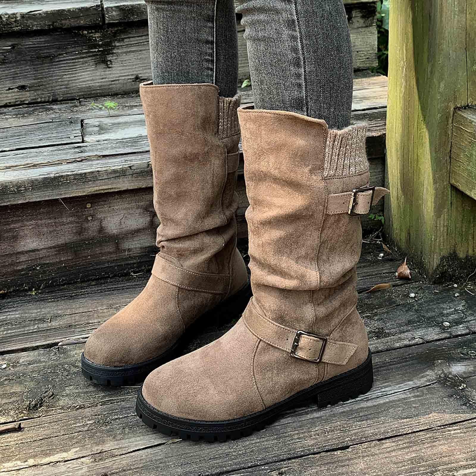 Botas por Encima de la Rodilla Botines de Ante Media caña, diseño sin Cordones con Correa Ajustable para Mayor Calidez en Invierno, cómodos e Informales.