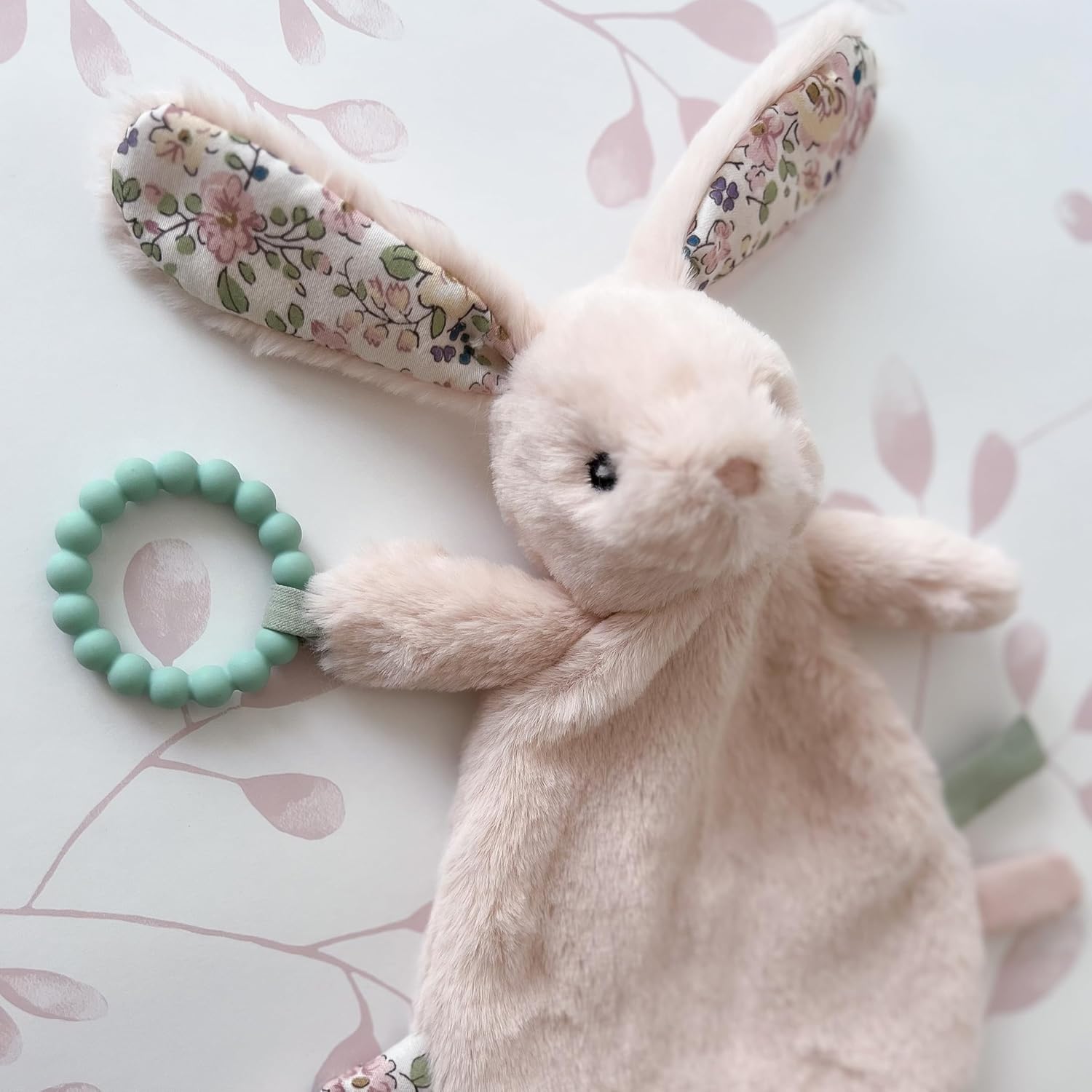 MON AMI Rosie Bunny Security Blanket with Silicone Teether | 12-Inch Plush Lovey for Babies | Soothing Sensory Snuggle Toy | Perfect Newborn Essential for Birthdays & Baby Showers
