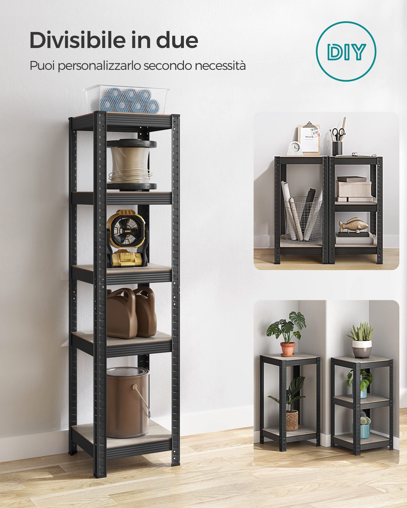 SONGMICS Scaffale a 5 Ripiani, Portaoggetti Organizzatore 37 x 37 x 150 cm, Portante 400 kg, Ripiani Regolabili, Stile Naturale, per Cucina e Soggiorno, Greige e Nero GLR037B11