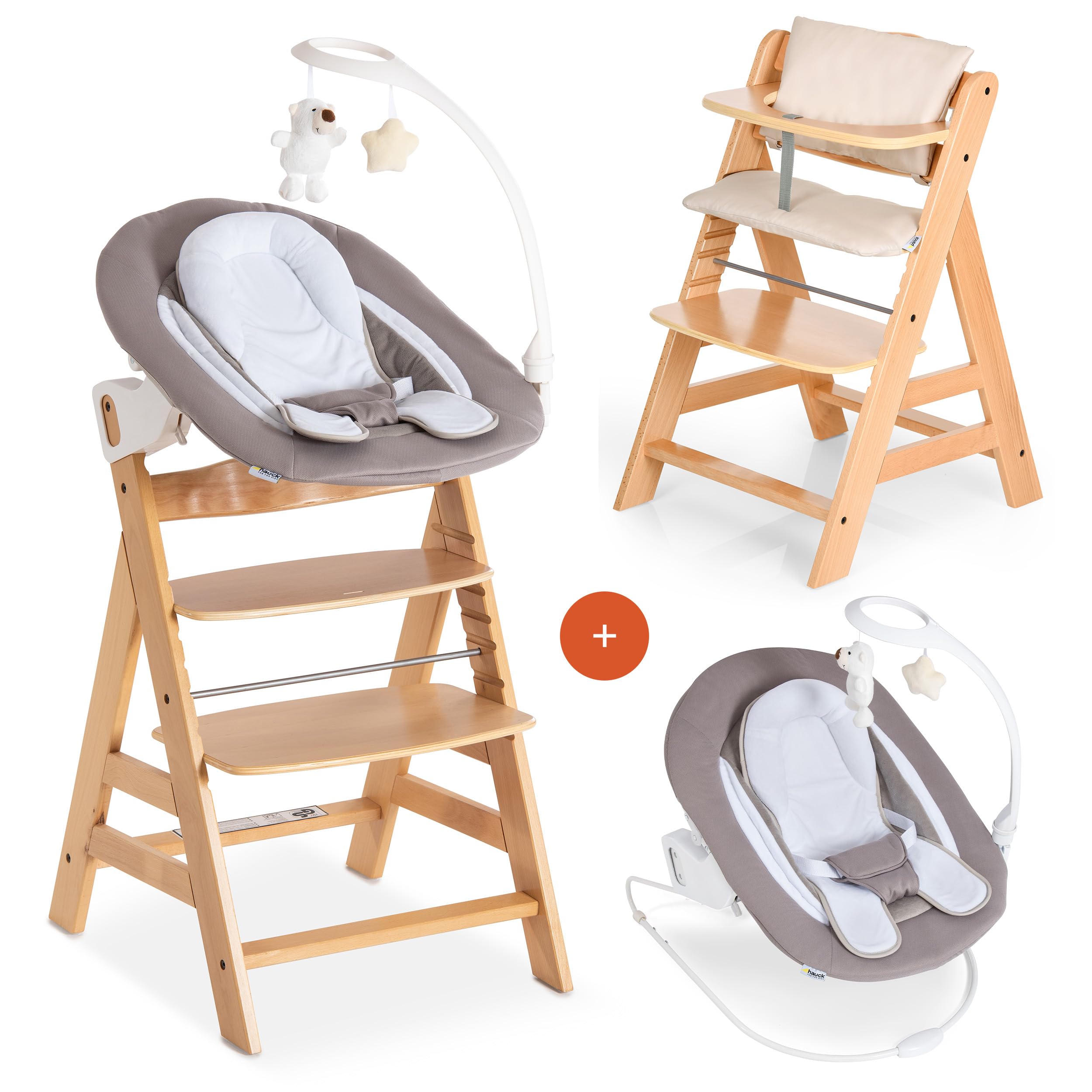 hauck Alpha Plus Newborn Set Deluxe Trona Evolutiva Bebe con Hamaca, Cojín y Arnés - Hamaca Alta Reclinable desde el Nacimiento - Silla Madera Niño Regulable - Tronas Infantiles de Madera - Natural