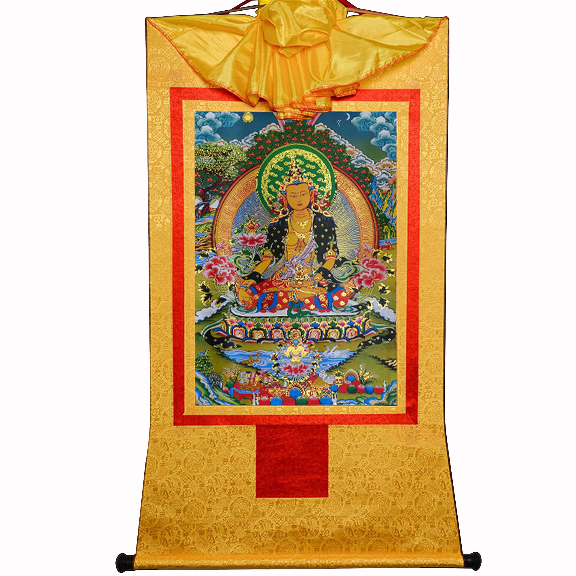 Gandhanra Yellow Tibetan Buddhist Thangka Wall Hanging,Ksitigarbha Thangka,The Bodhisattva Of Hell-Beings,Hot Stamped Brocade Buddhist Tapestry For Zen Home Decor, Meditation, Spiritual Relaxation