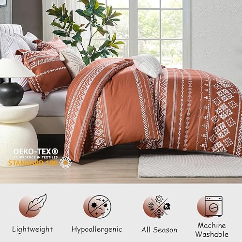 Miniatura 2 de Bedduvit Juego de funda de edredón bohemia tamaño Queen, 100% algodón, 3 piezas, suave y transpirable, color naranja quemado, bohemio, con cierre de