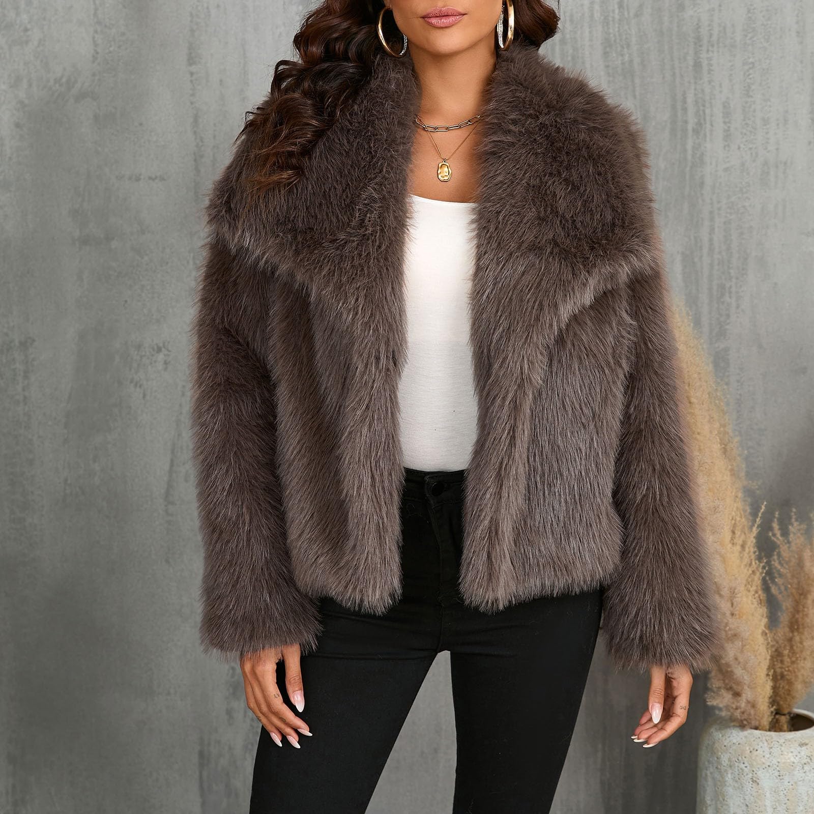 Plüschjacke Damen Winter Pelzkragen Jacke Warm Plüschmantel Elegante Teddymantel Warm Sweatshirt Outwear Langarm Winterjacke Fleecemantel mit Reißverschluss Slim Fit Übergangsjacke