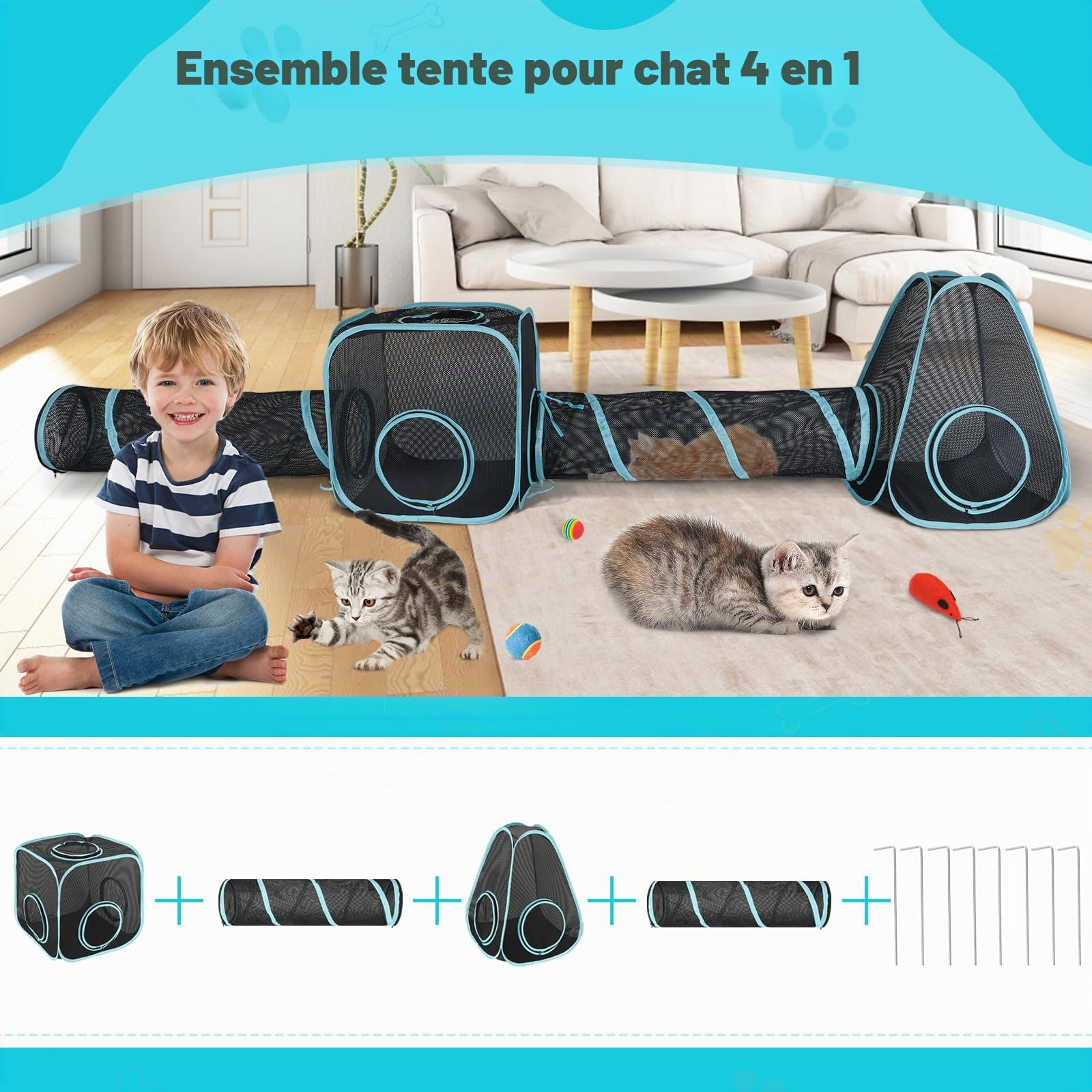 Enclos d'extérieur Portable pour Chat de 2,4 m, Tente Pop-up pour Chats avec Tunnels Doubles de 85 x 30 cm à Faire soi-même de Plusieurs façons, Tente de Jeu pour Lapins et Petits Animaux