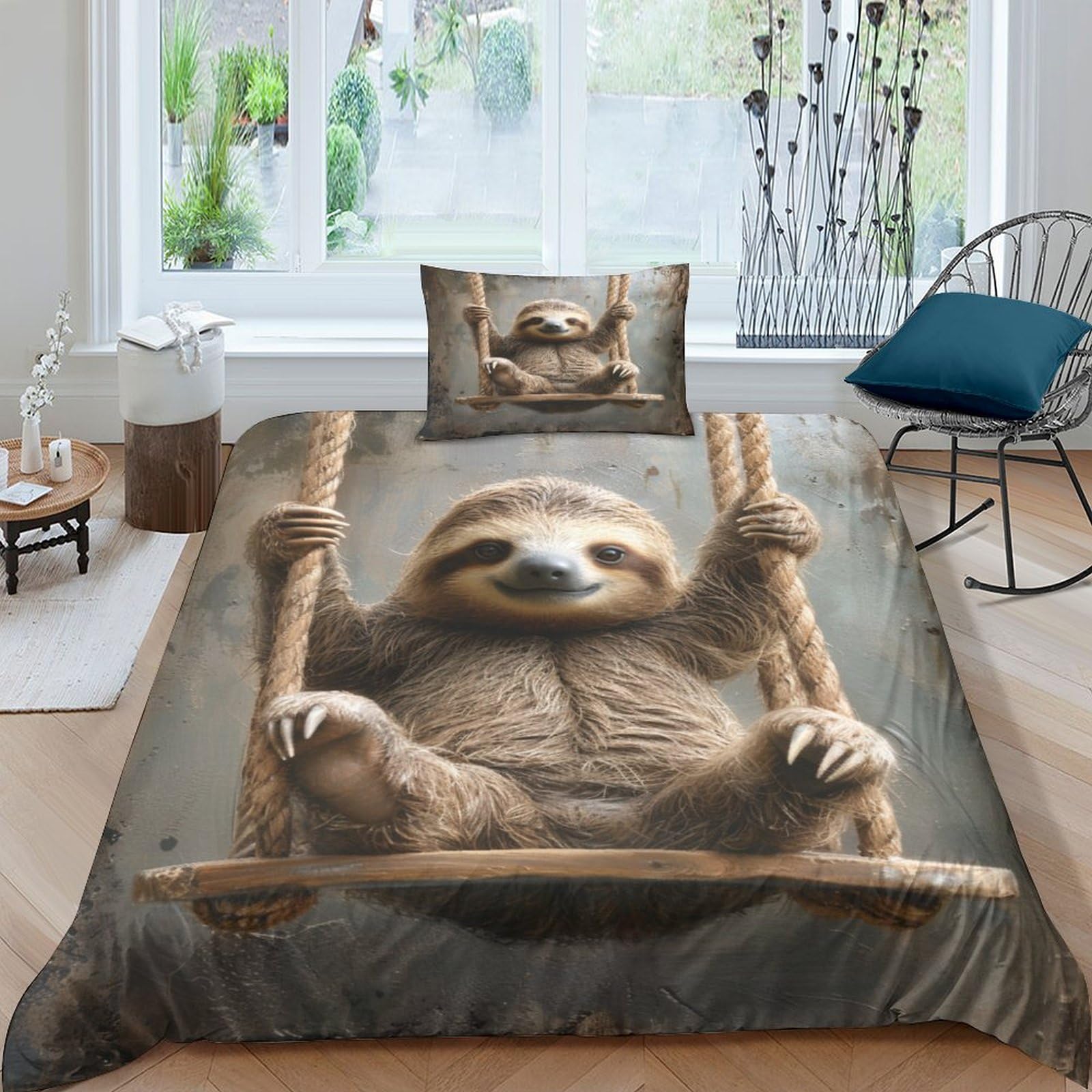 NRAOPEVVD Sloth Duvet Cover Sets 3 PCS Hotel Quality Quilt Cover Bedding Sets Bed Covers with Pillowcases with Zipper Closure Hypoallergenic Soft Breathable Microfiber Single（135x200cm）