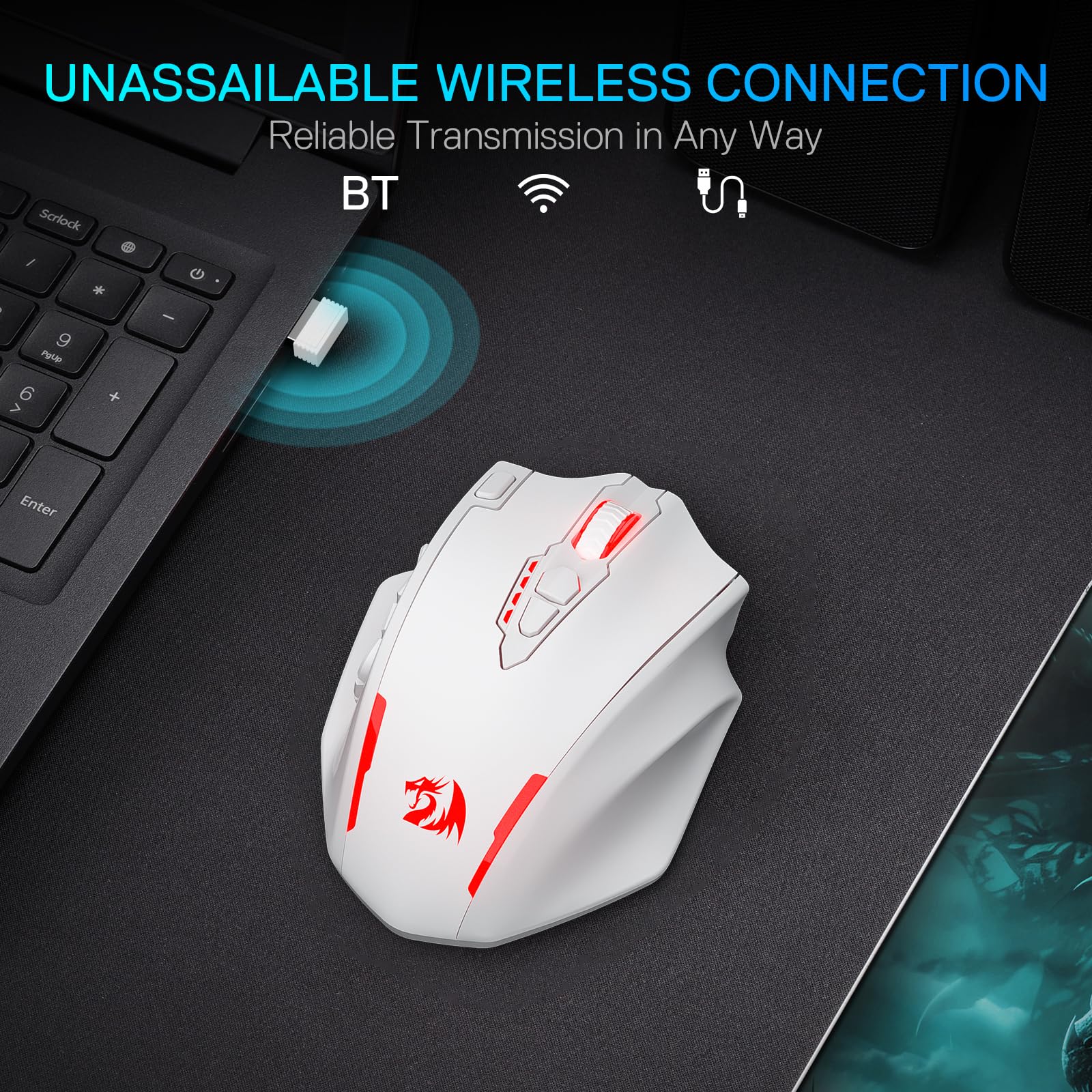 Redragon M913 MAX Ratón MMO Gaming Inalámbrico 26000 dpi 16 Botones Blanco | BT y 2.4G Conexión Software DIY Enlaces Teclas Sensor Preciso Diseño Especial para MMO