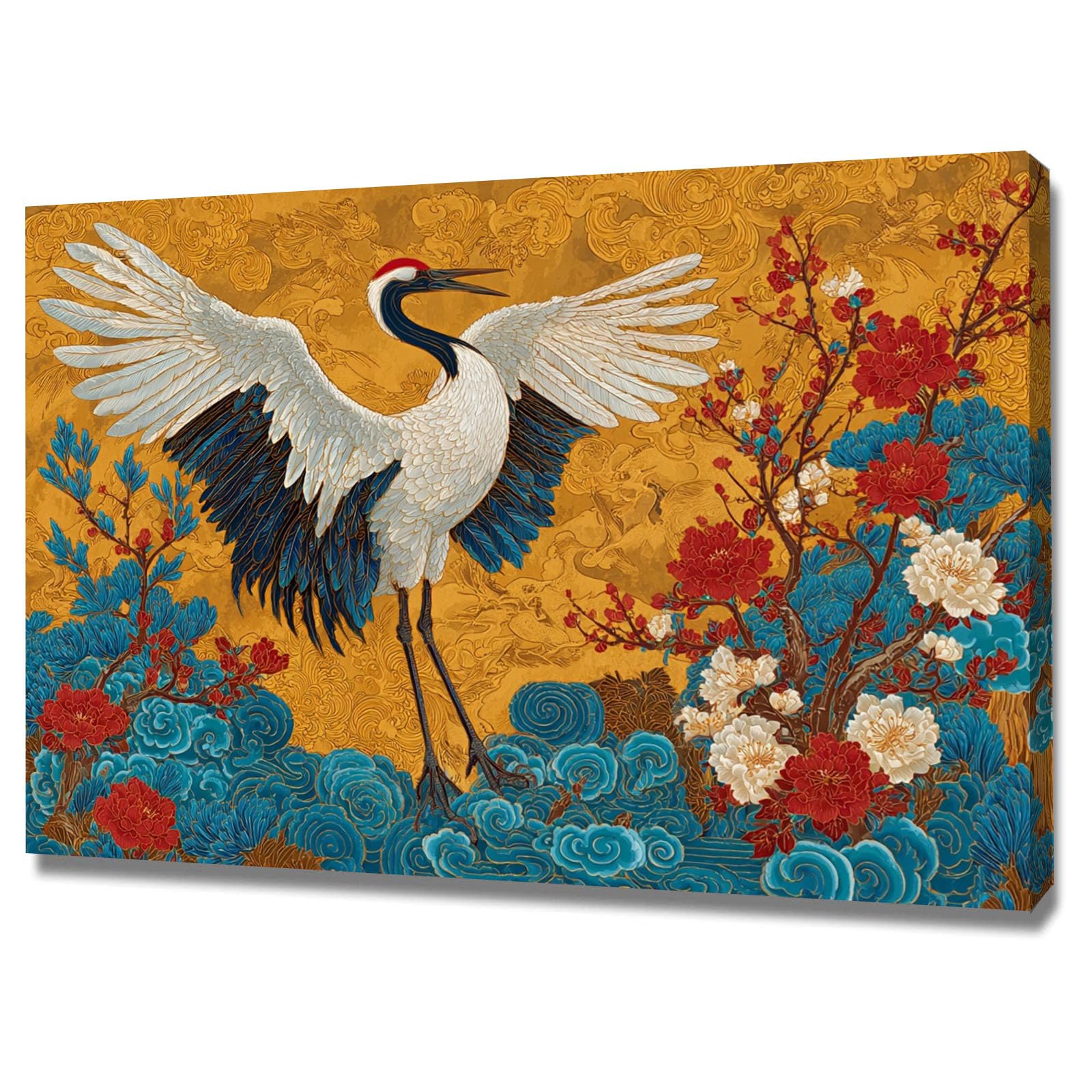 TERUEA Wall Art Canvas Prints - Spreading Wing Red-birds Crane Cloud Golden Wall Art Prints, for Toilet Bathrooms Decor,(Gold)-60x90cm Framed