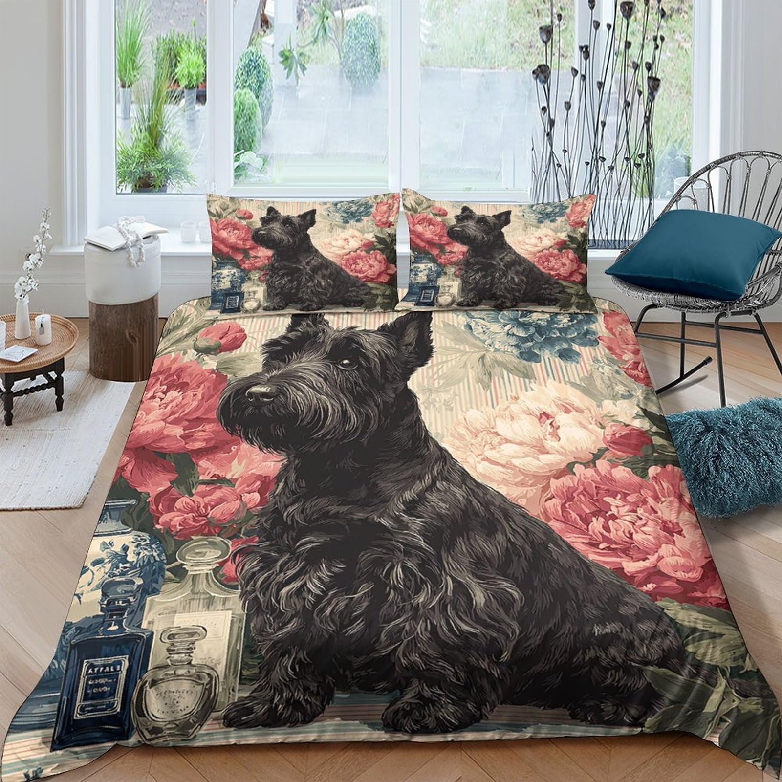 Ctjqhvkz Style-6 3D Printed Black Scottish Terrier Fitted Sheet Microfiber Floral Bed Cover For Bedroom Dorm Mattress Protection Decor Single（135X200cm）