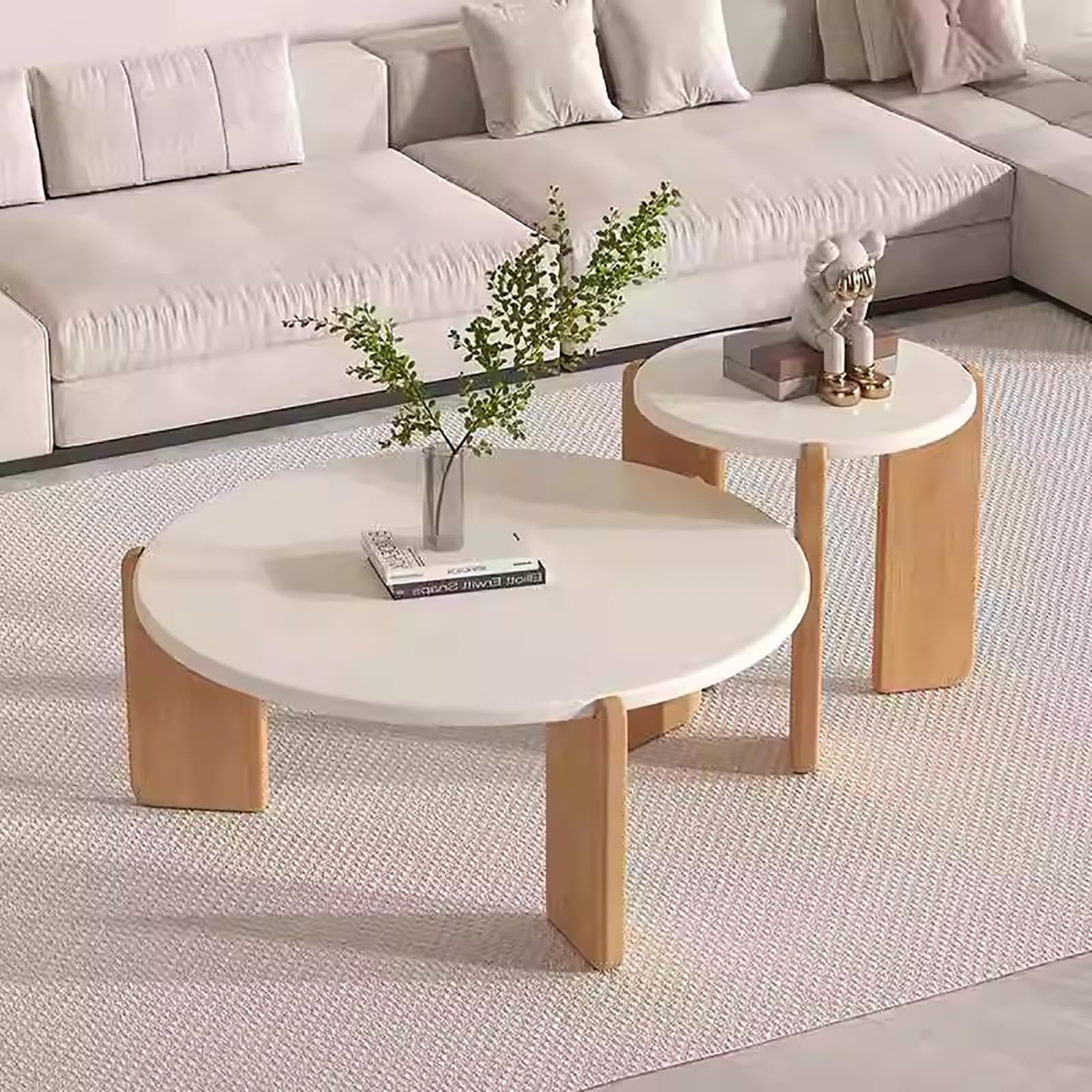 SXZenSpace Round Wood Coffee Table,Modern Mid Century Center Table for Living Room Sturdy Legs End Minimalist Table,A,70cm(28'')+50cm(20'')