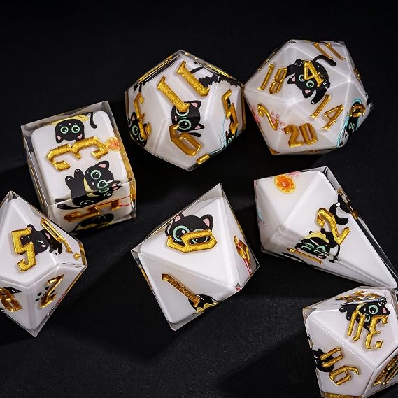 Cusdie 7-Piece Sharp Edge DND Dice Set,Cute Black Cat Stickers Inside