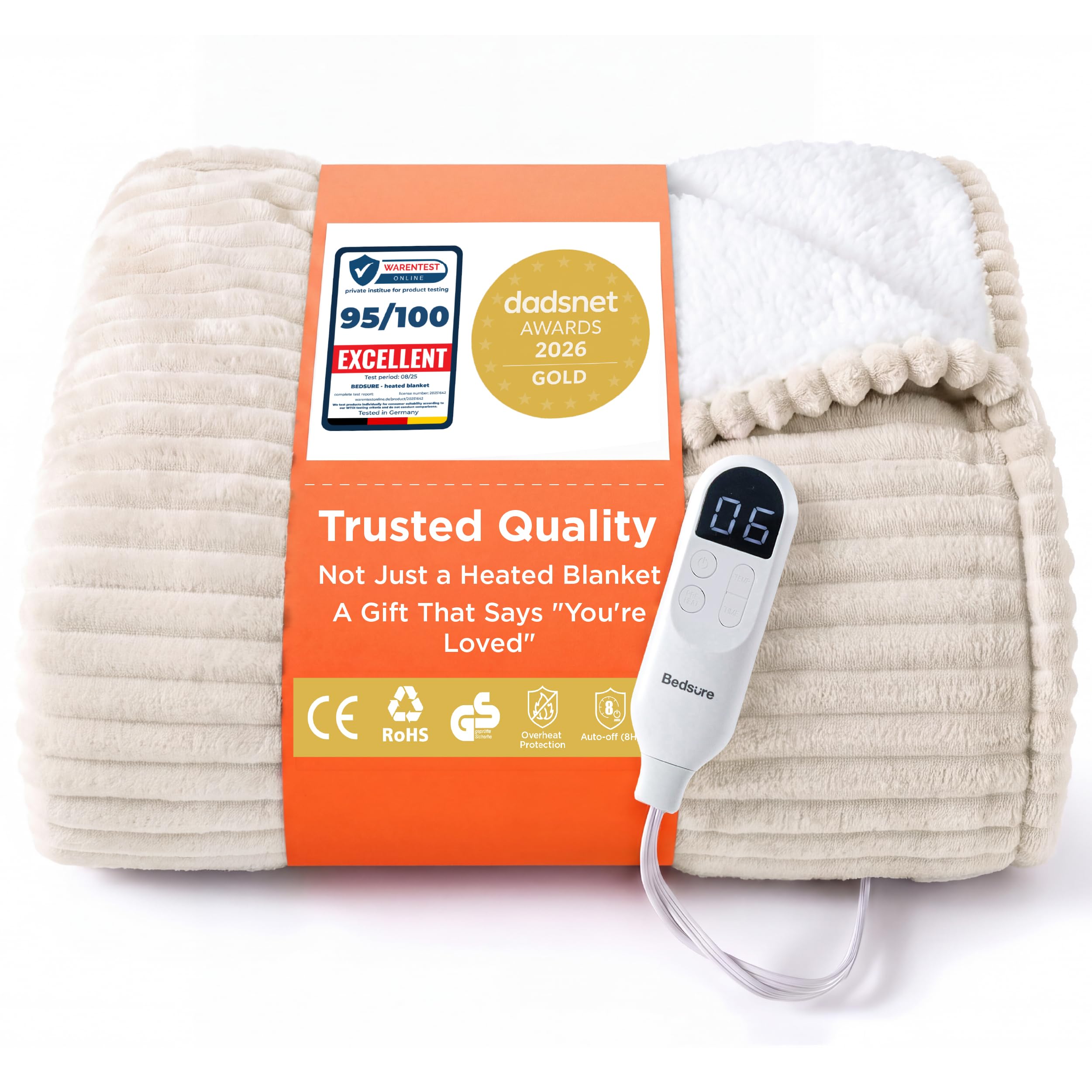 Bedsure Electric Blanket Heated Throw - Ribbed Flannel 180x200cm, Cream