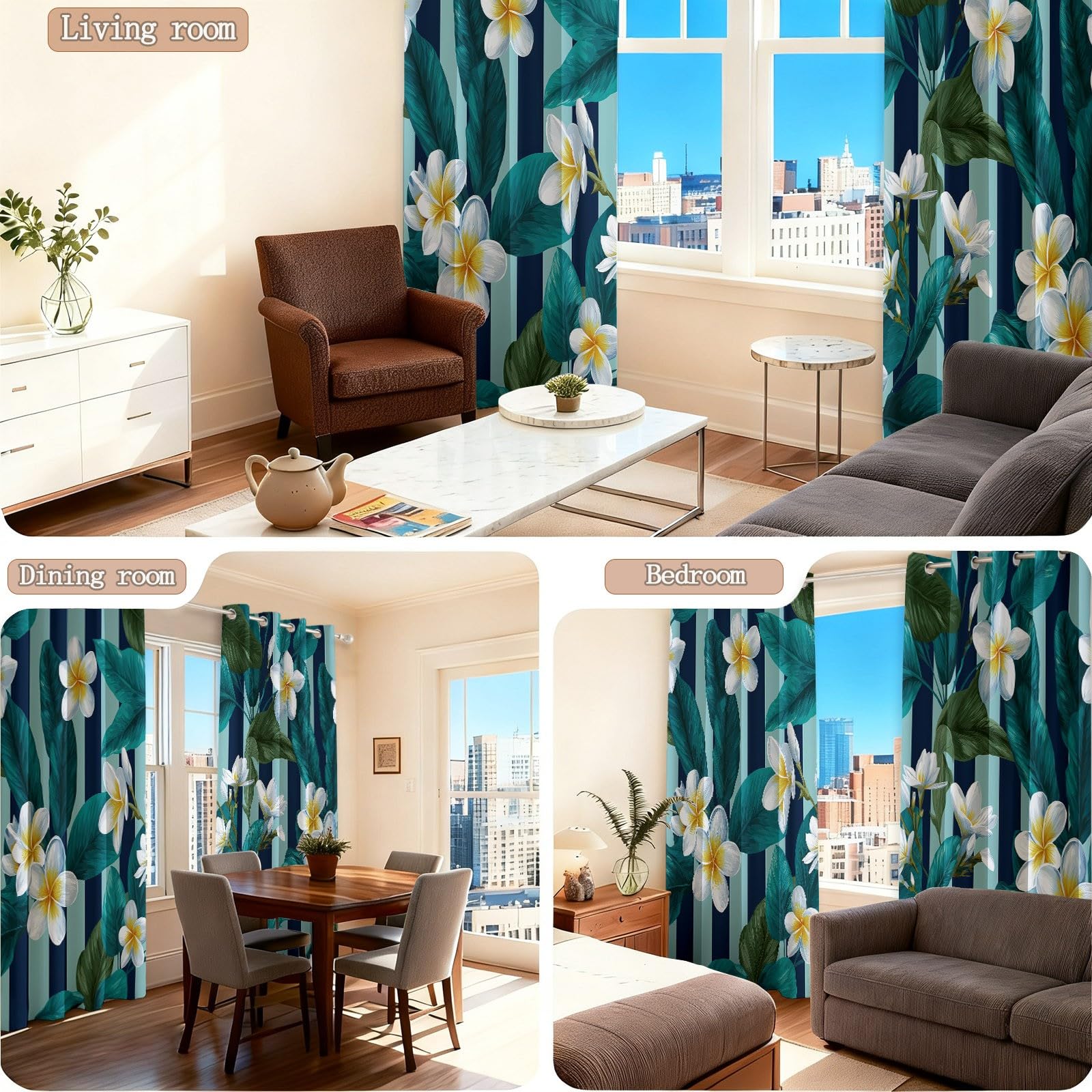 Bunt Blickdicht Vorhänge Wohnzimmer - Minimalistisch Streifen Tropisch Blumen Pflanzen Vorhänge mit Ösen Themovorhang Verdunkelungsvorhänge für Schlafzimmer Kinderzimmer, B75 x H166 cm 2er Set