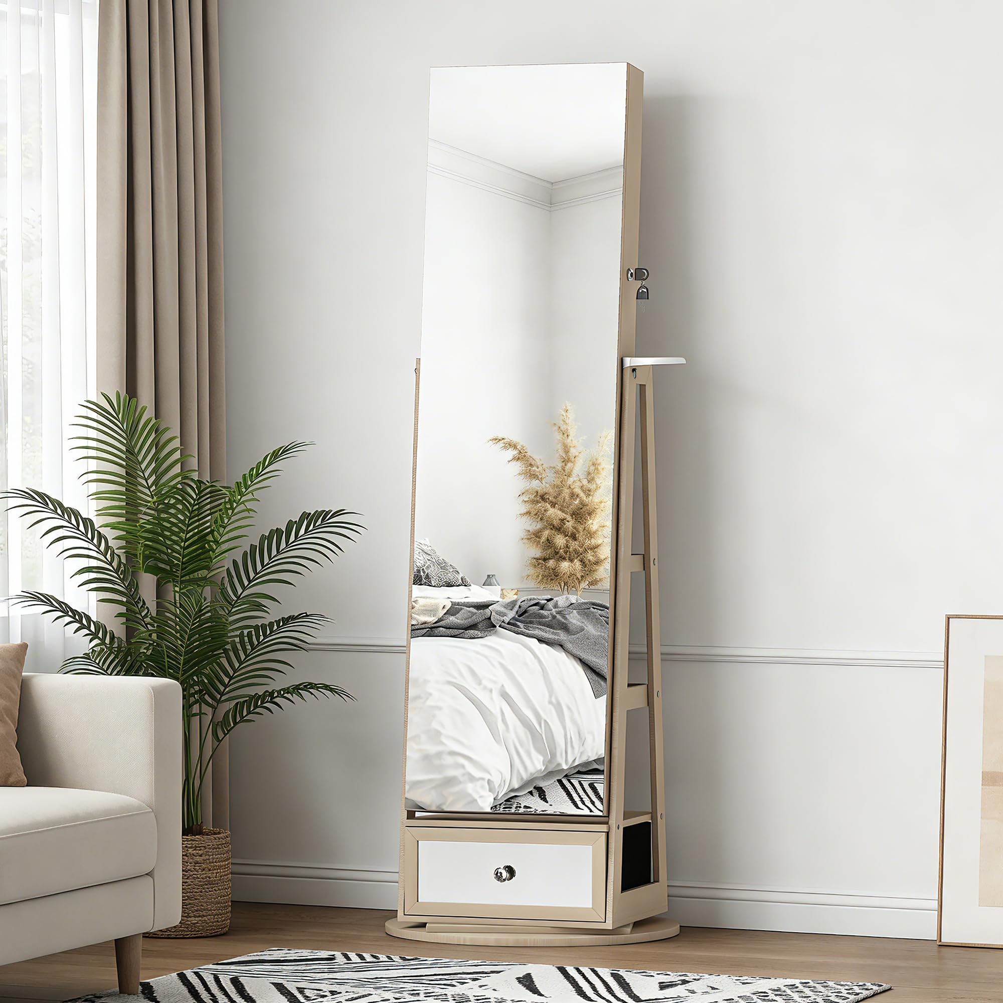 HOMCOM Miroir à bijoux avec éclairage LED, armoire à bijoux, armoire à bijoux avec miroir intégral, pivotant à 360°, tiroir, serrure, étagères ouvertes, support pour sèche-cheveux, naturel
