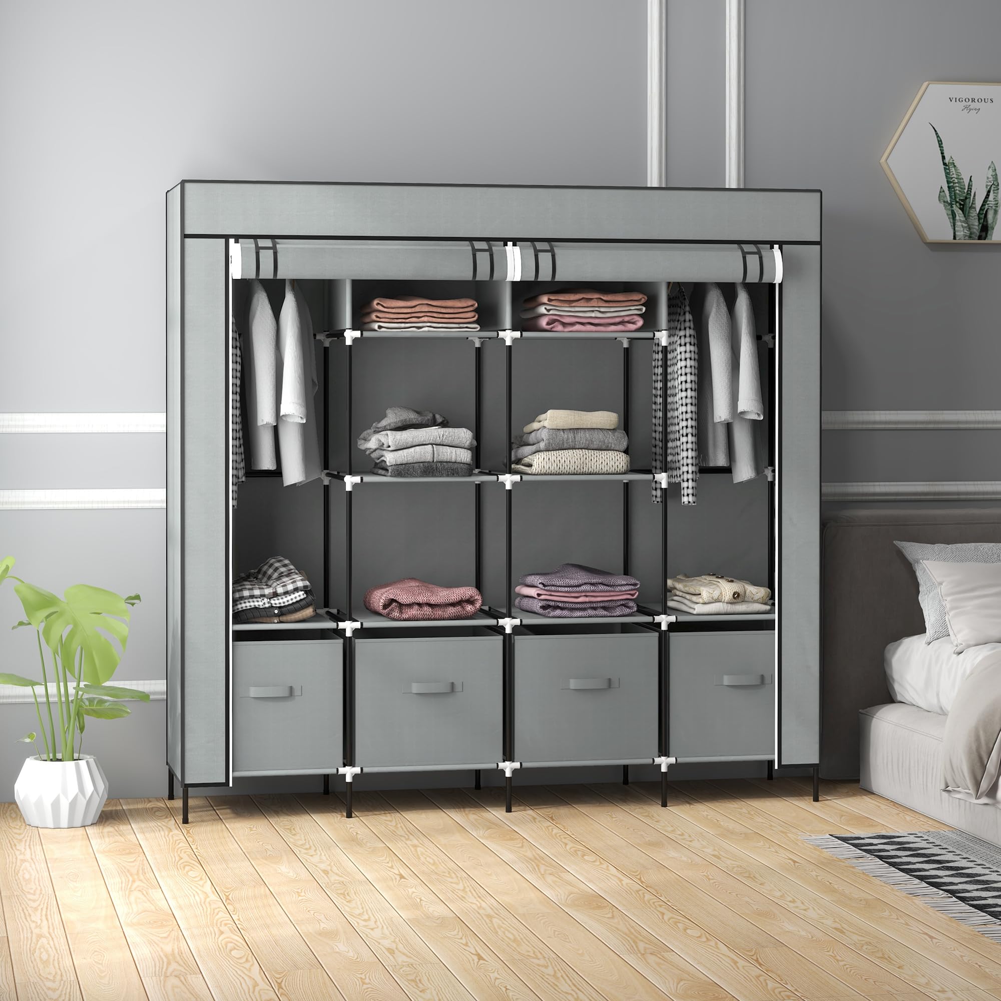 HOMCOM Armadio Portatile in Tessuto non Tessuto e Acciaio, Guardaroba con 10 Ripiani, 4 Cassetti, 2 Barre Appendiabiti e Ante a Cerniera, 166x42.5x169.5cm, Grigio Scuro
