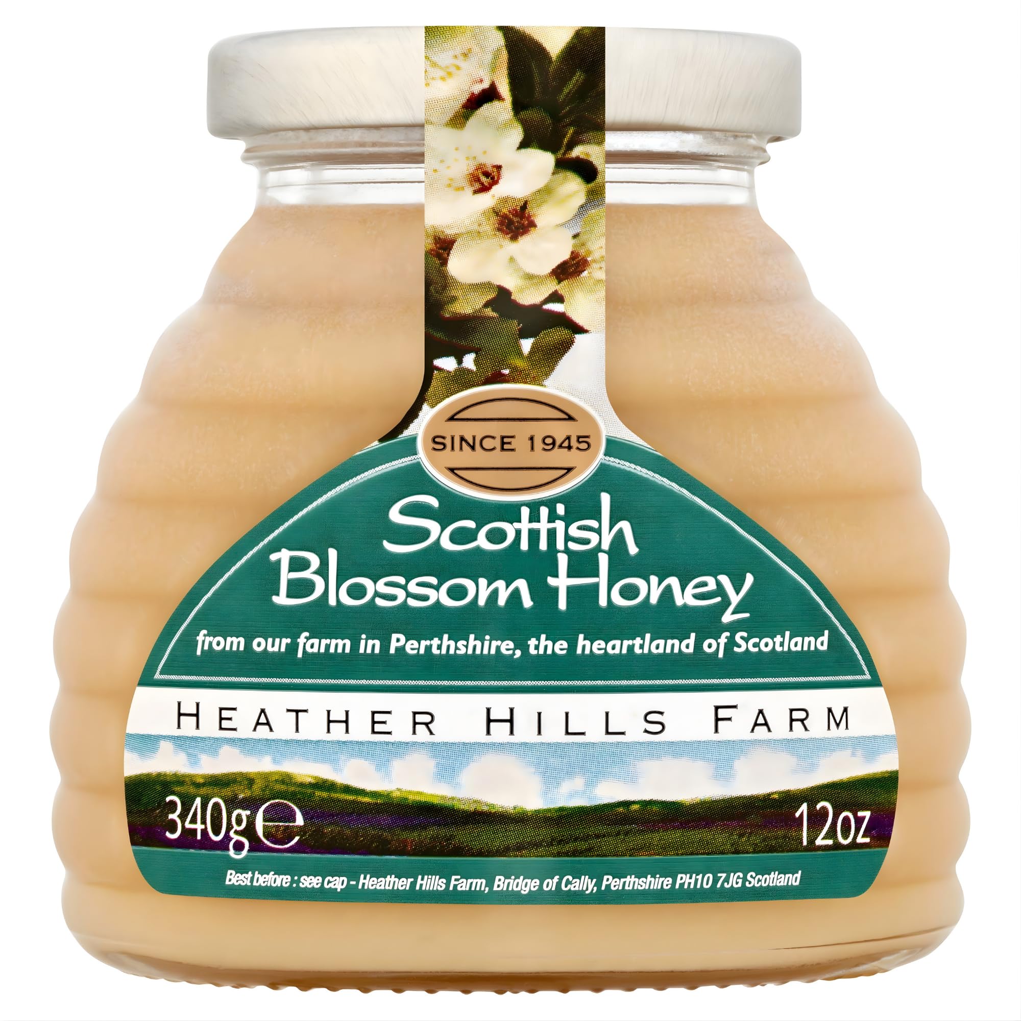 Heather Hills Farm Raw Scottish Blossom Honey Jar 340g (12oz) | 100% Pure, Natural, Unpasteurized & Unfiltered Artisan Honey from Scotland | Made in Highland Perthshire, Authentic Scottish Food Gift