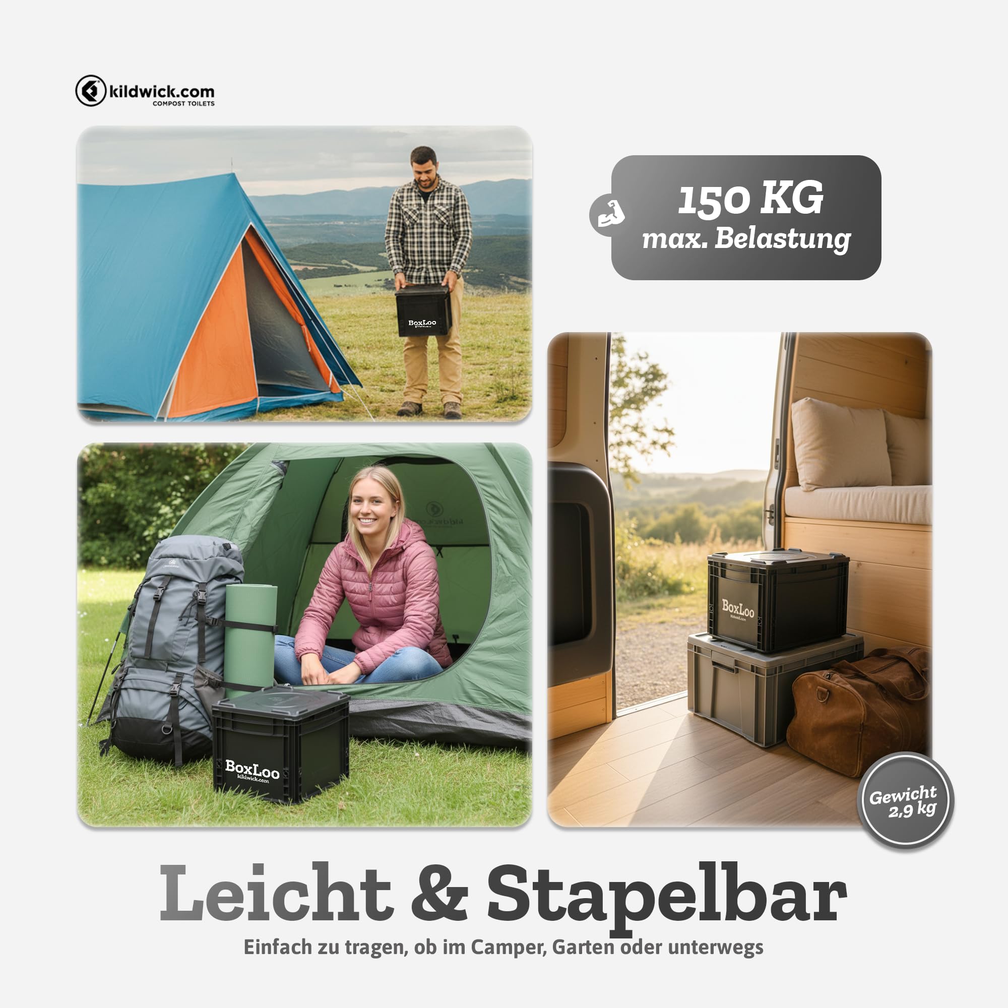Kildwick BoxLoo – Campingtoilette, kompakt, mobil, chemiefrei, Trenntoilette im Eurobox-Format (40×30×29 cm) für Camping, Van, Outdoor, Garten oder Boot, autark inkl. Spillguard® Auslaufschutz