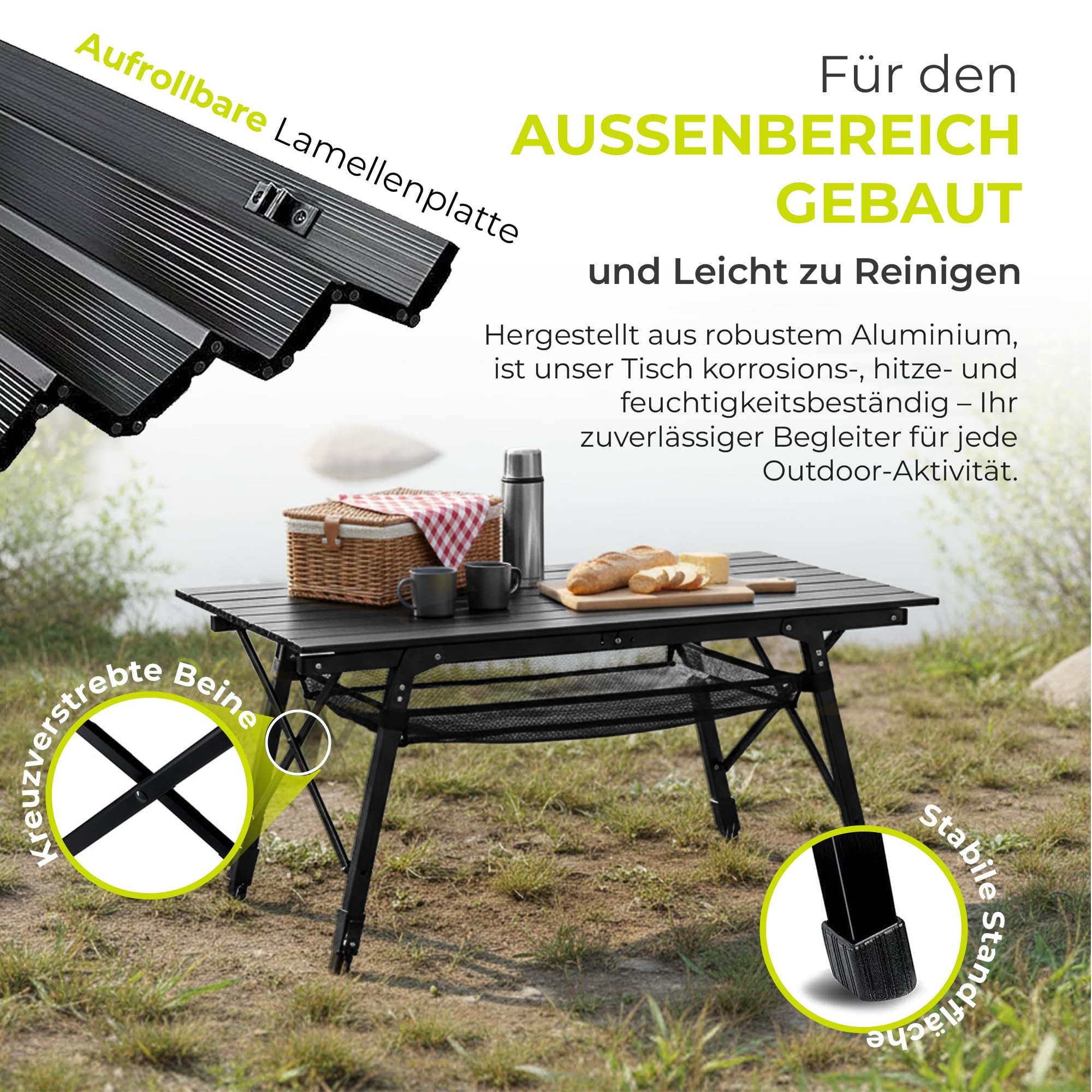 Camping-Tisch Klapptisch Klappbarer Multifunktionstisch Mehrzwecktisch; Höhenverstellbarer Falttisch mit aufrollbarer Tischplatte (90x51cm) & Tragetasche; belastbar bis 30kg