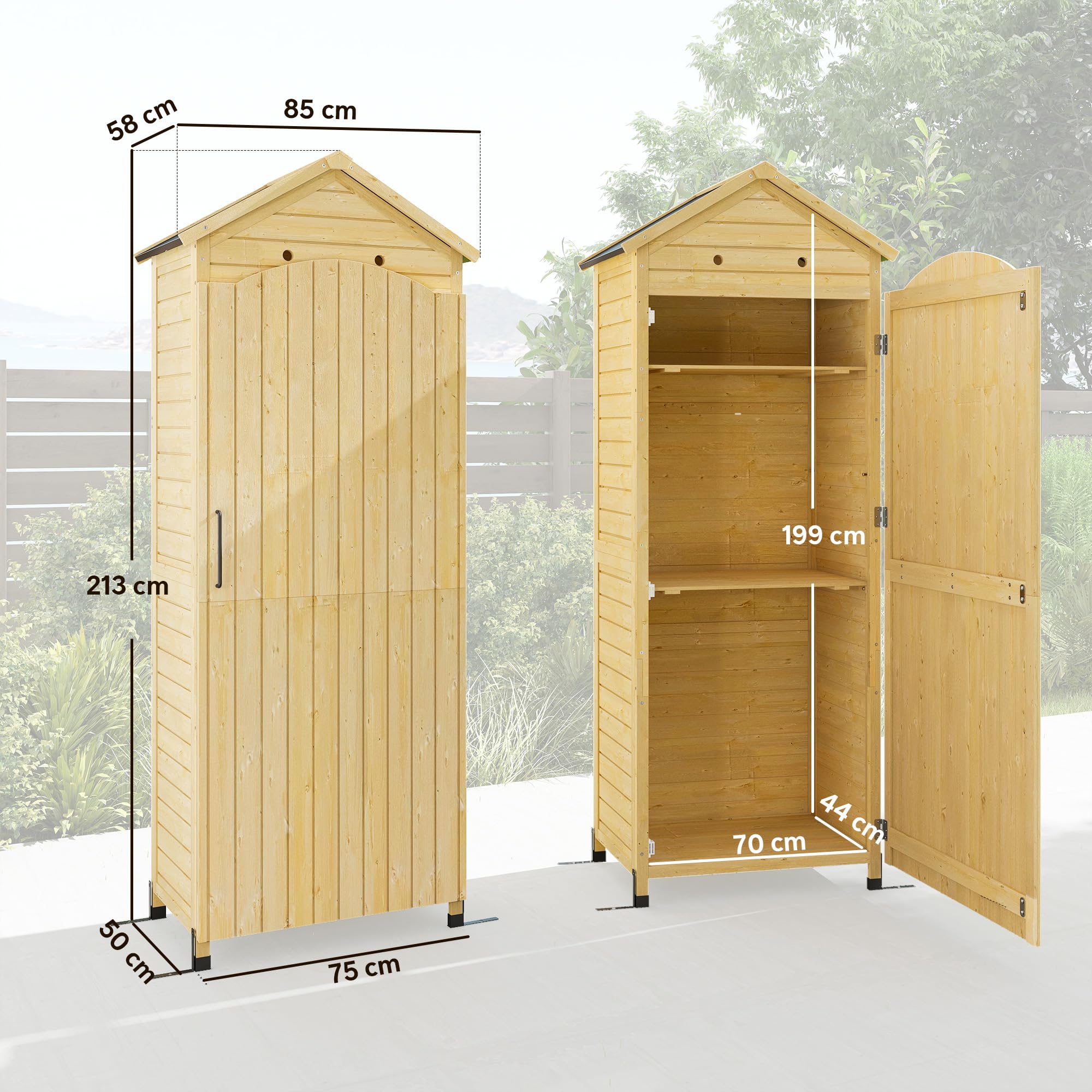 Outsunny Gartenschrank Holz extra hohe Geräteschuppen mit verstellbar Ablage magnetisch Tür galvanisiert Dach Belüftung Kippschutz 85x58x213 cm Geräteschrank Gerätehaus für Garten Terrasse Naturholz