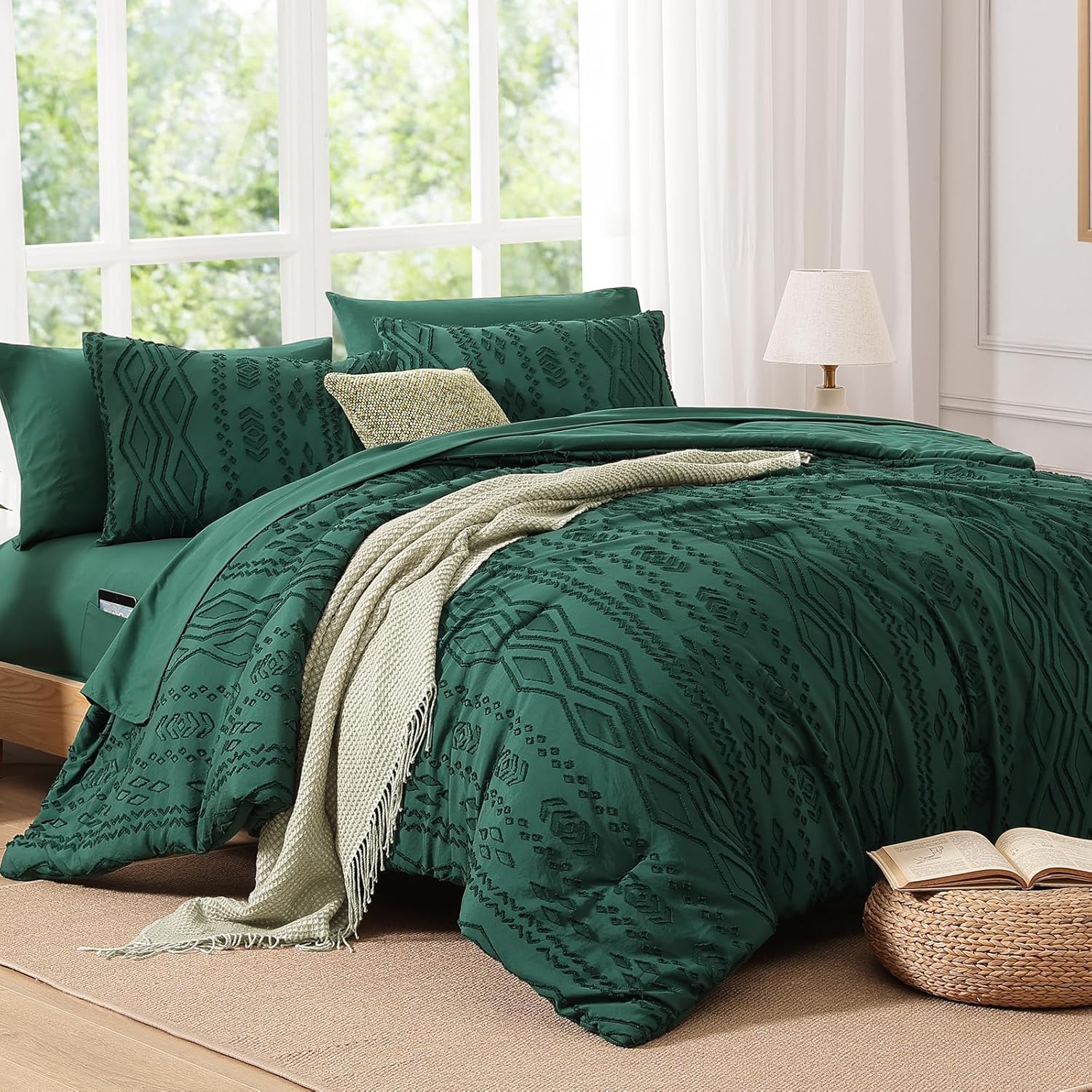 Queen Comforter Set Emerald Green, Tufted Boho Bedding Farmhouse Dark Green Bed Set, All Season 7 Pieces Bed in a Bag with Sheets, Pillowcases & Shams - Image 2