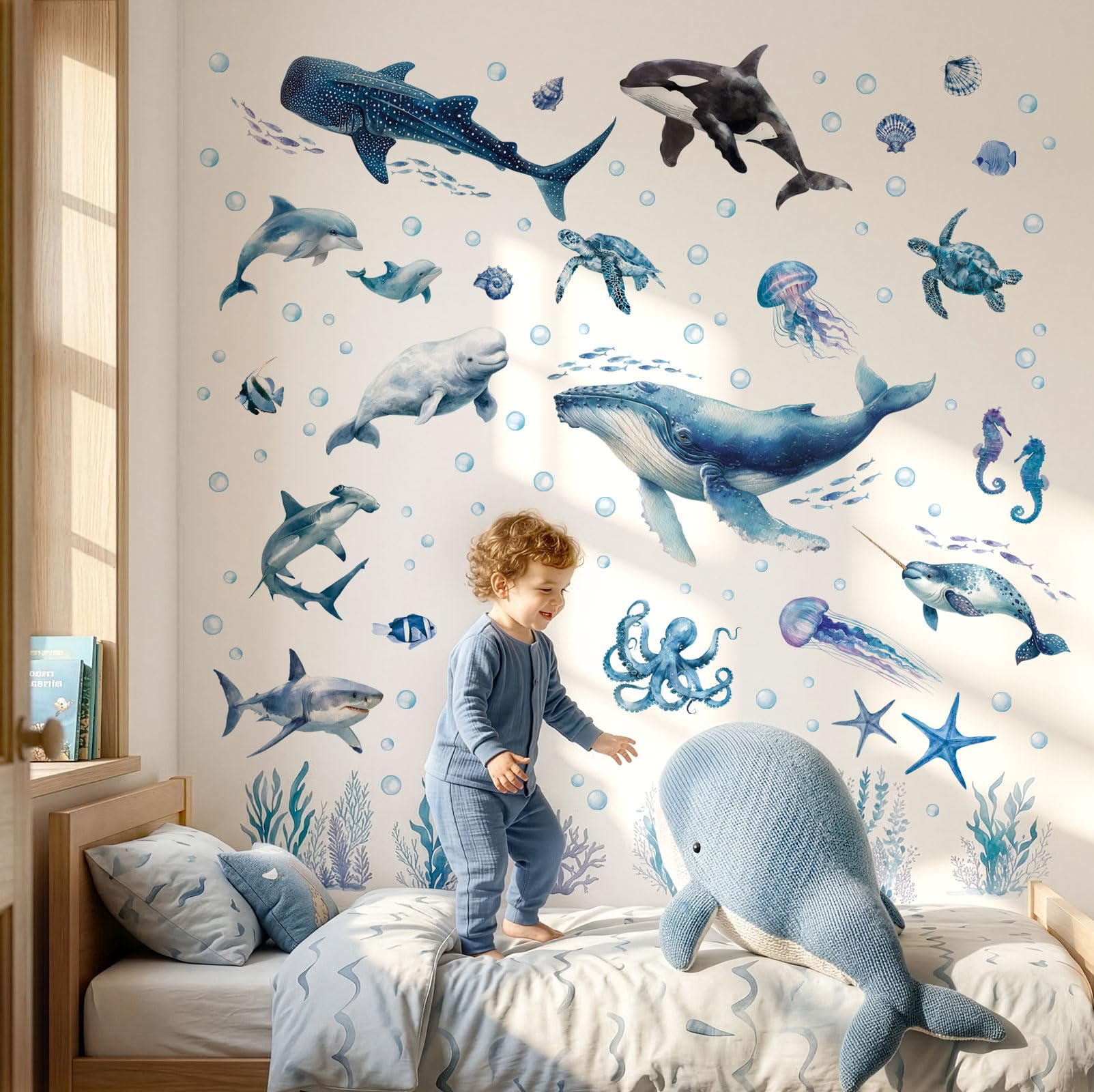 Decowall Boys Sea Creature Ocean Animals Wall Stickers – Watercolour Whale Shark Dolphin Sea Life Decals For Kids Bedroom, Nursery & Playroom – Removable Educational Wall Art (Sg2-2518)