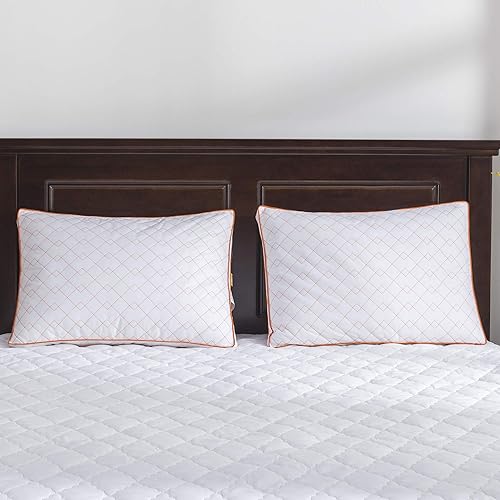 Miniatura 7 de Juego de 2 almohadas de plumón de ganso para dormir con funda de algodón 100% premium, Algodón, Anaranjado, King