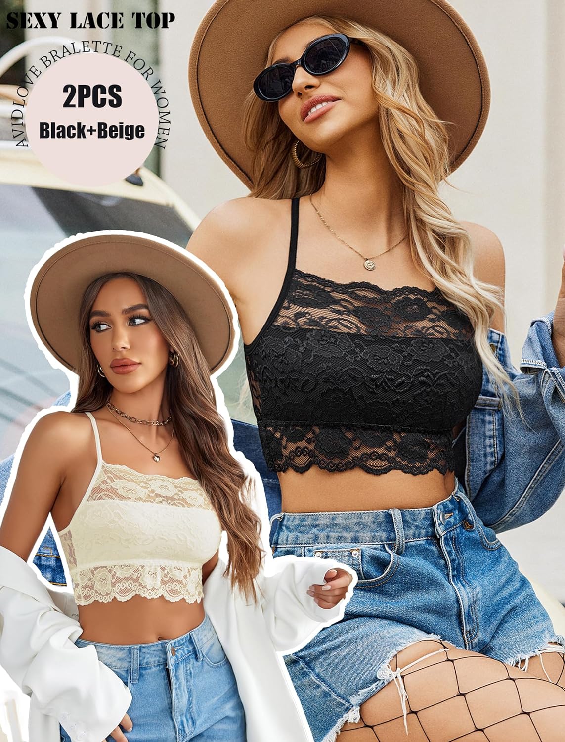 Avidlove 2Pcs Lace Camisoles for Women High Neck Bralettes Racerback Adjustable Crop Top Lingerie - Image 3