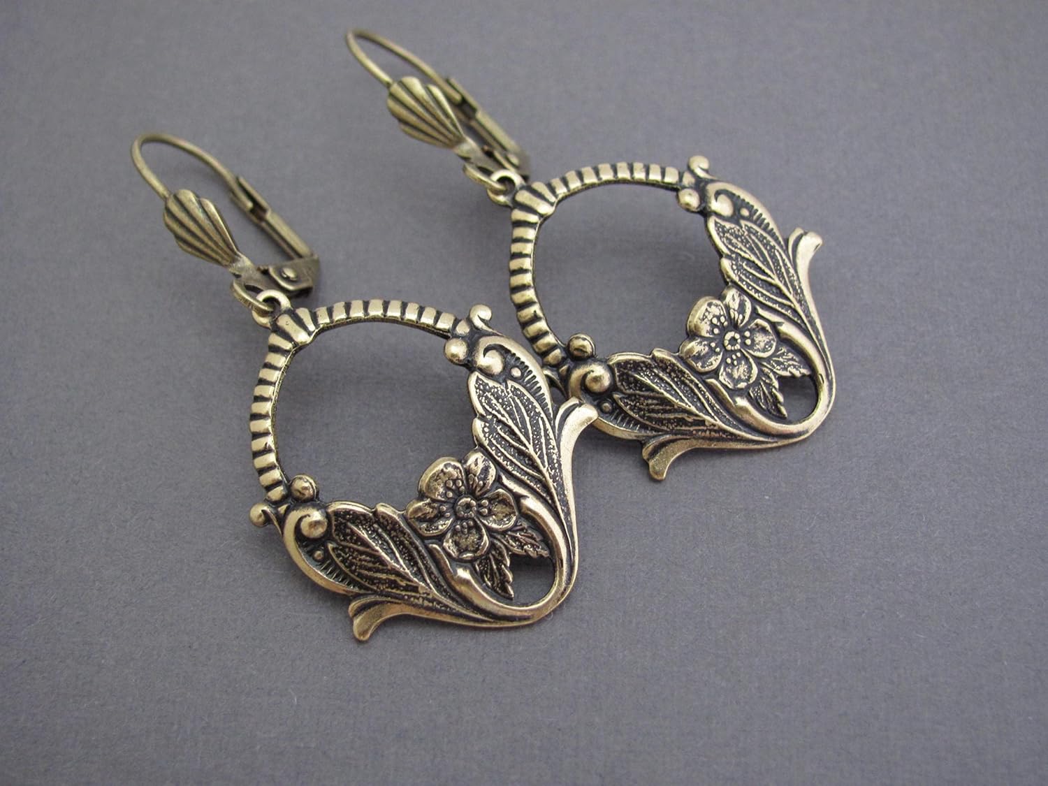 Art Nouveau Earrings Flower Antiqued Gold-tone Wedding Gift Prom Art Deco Style