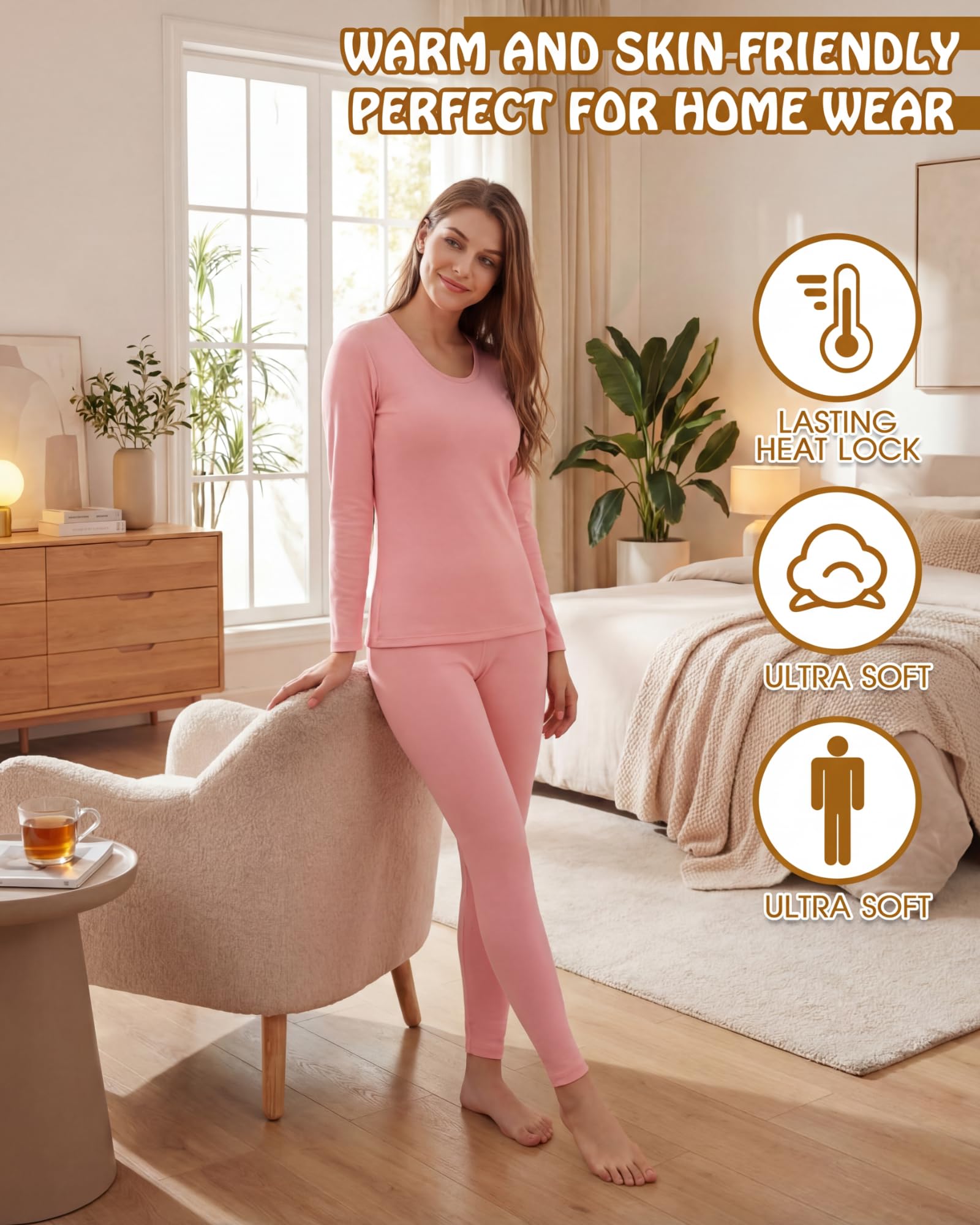 4 Pieces Fleece Lined Thermal Underwear Set for Women Long Johns Base Layer Winter Cold Weather Soft Warm Top Bottom