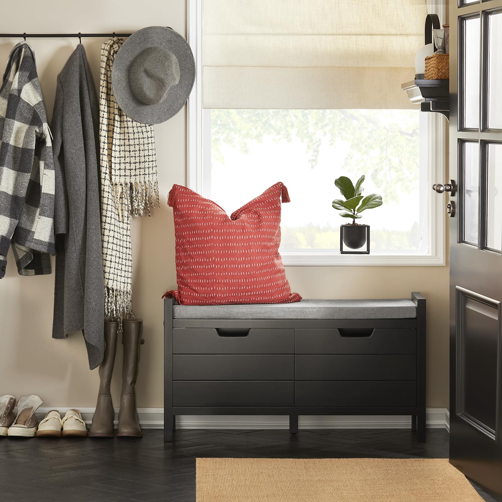 SoBuy Banco Zapatero con Asiento y Almacenaje - Zapatero Entrada Recibidor con 2 Puertas Blanco para Recibidores de Entrada, Dormitorio o Pasillo - Capacidad 150kg 91x30x50cm Negro FSR63-II-SCH