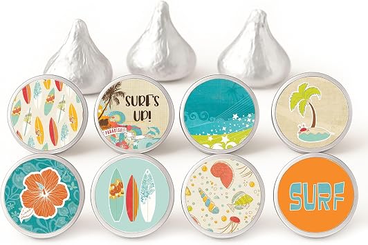 Surfing Beach Labels for Hersheys Kisses Chocolates by Adore By Nat - Candy Sticker Party Favors - Set of 240