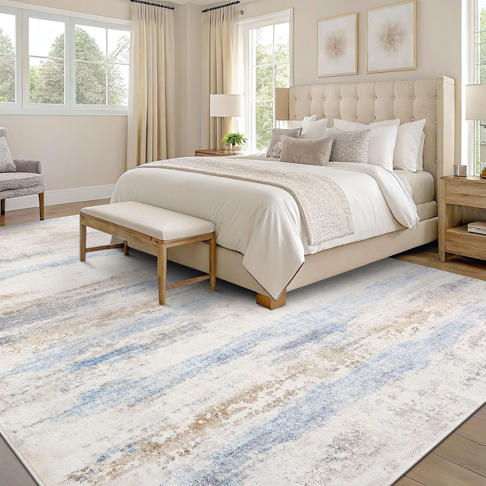 smiry Tappeto moderno astratto per soggiorno, 120 x 160 cm, lavabile, antiscivolo, in lana sintetica, a pelo corto, per camera da letto, sala da pranzo, ufficio, blu e beige