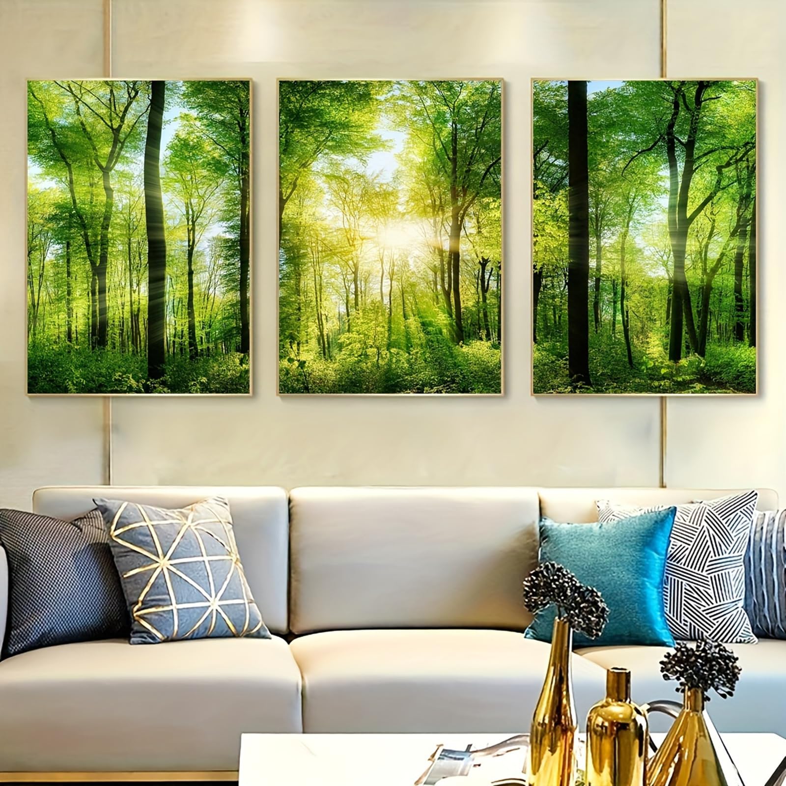 ZBELLO Set of 3 Posters, Green Forest and Sun Motif Wall Art, Modern Nature-Themed Aesthetic Art Prints for The Living Room, Bedroom and Home Decor, Unframed (40x50cm)