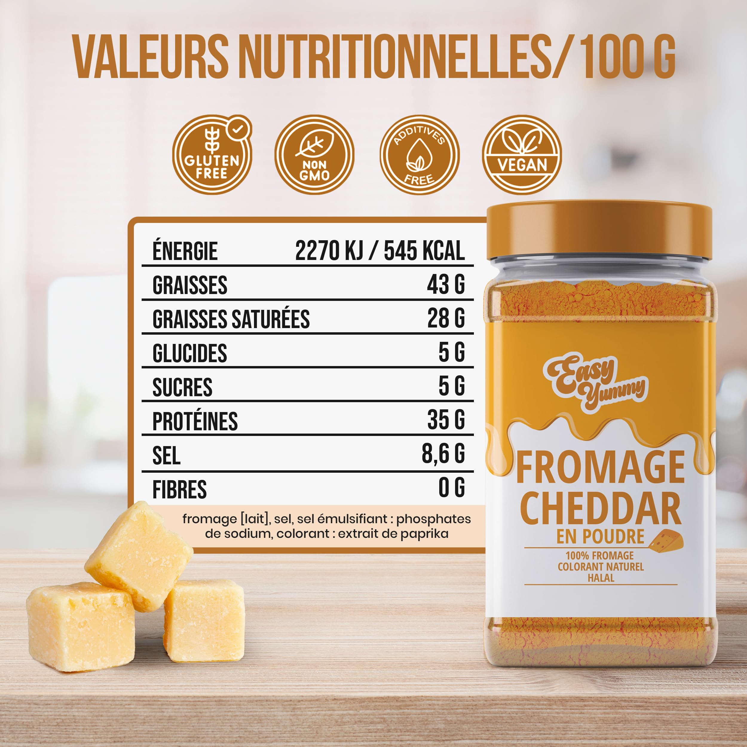 EASY YUMMY - Fromage Cheddar en Poudre (300g), Assaisonnement Polyvalent | Pour Recettes, Sauces, Pâtes