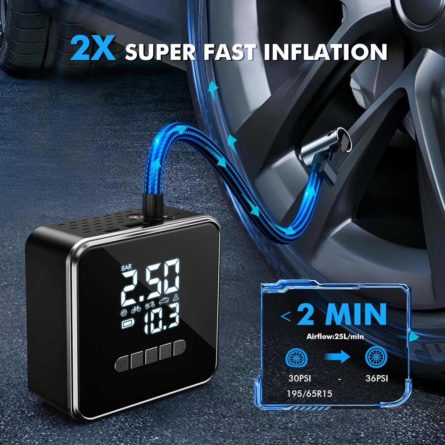 iWarmbase Cordless Tyre Inflator Air Compressor - 150PSI & 12V Tyre Pump Electric Bike Pump, 6000mAh with Power Bank Support and LED Display for Car Motorcycle Bicycle Balls 4