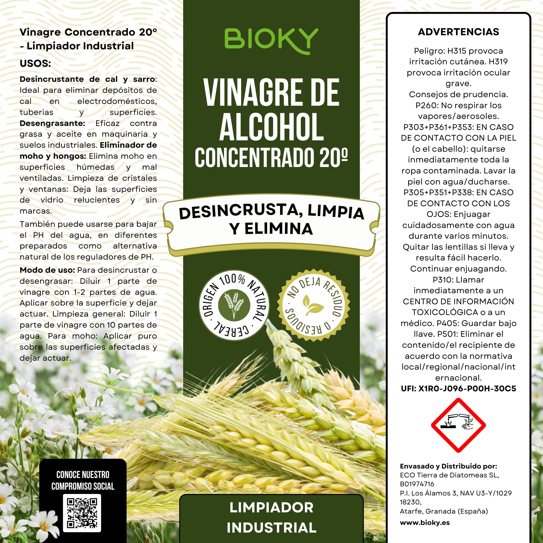 Vinagre Concentrado al 20% - 20L – Origen Natural de Alcohol de Cereal – Sin Residuo - Acción Limpiador Profundo - Elimina Moho y Hongos (20L)