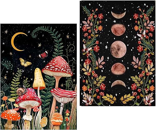 Paquete de 2 kits de pintura de diamantes para adultos 5D DIY bosque de hongos gemas de arte redondas con luna diamante arte perfecto para