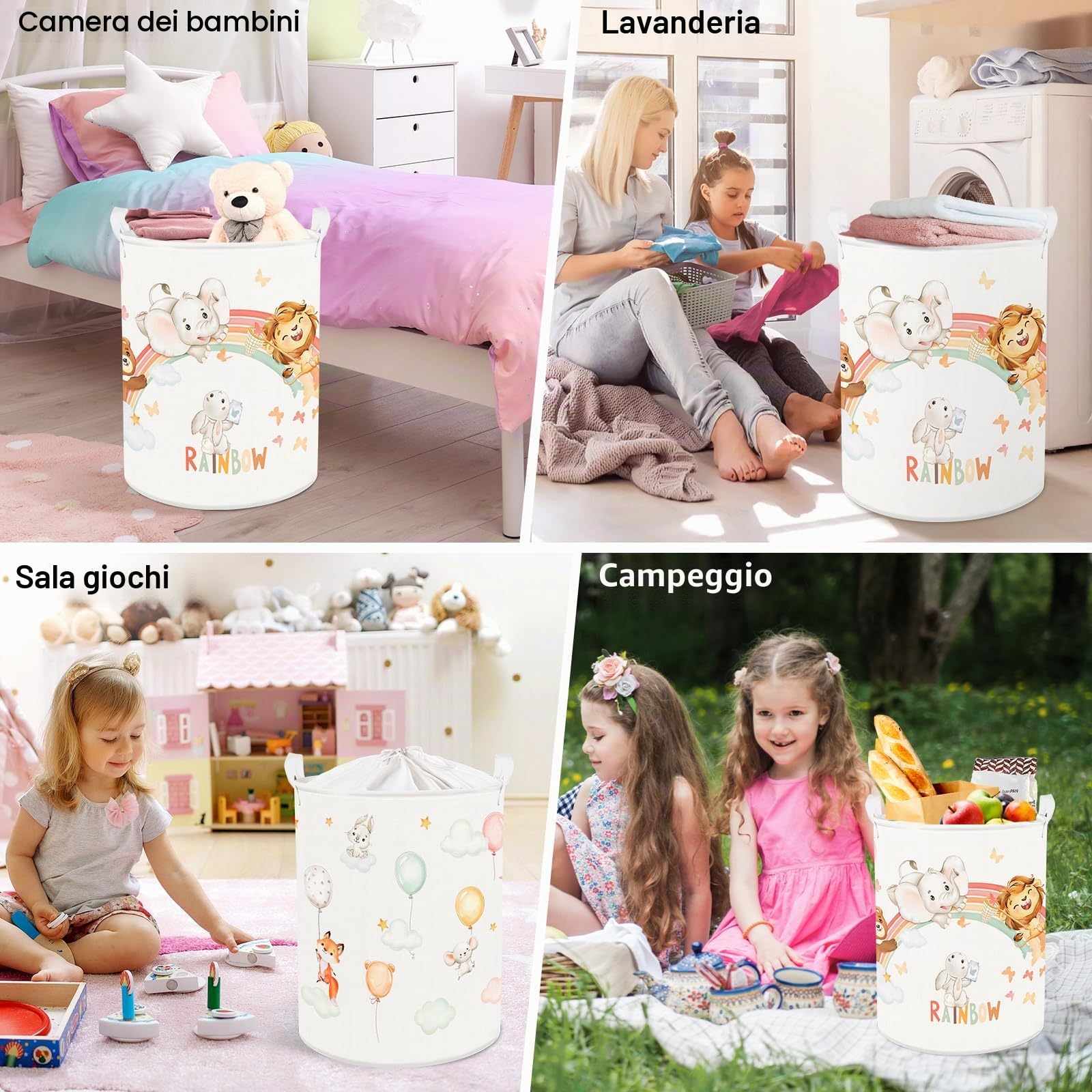 Clastyle Ceste Biancheria Bambini Animale Addormentato Cestino Giocattoli Vestiti Impermeabile per Ragazzo Ragazza Cestino Portaoggetti per Bagno Cameretta Bucato, Arcobaleno, 40x50 cm