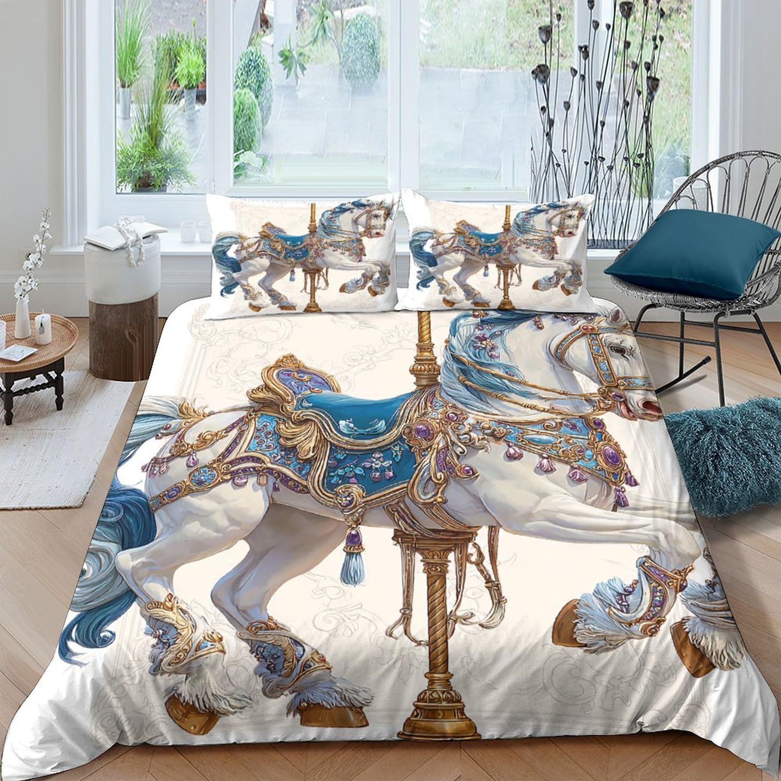Ctjqhvkz Style-7 3D Printed Carousel Horse Fitted Sheet Microfiber Soft Decorative Bedroom Bed Cover For Adults Teens Dorm Room Single（135X200cm）