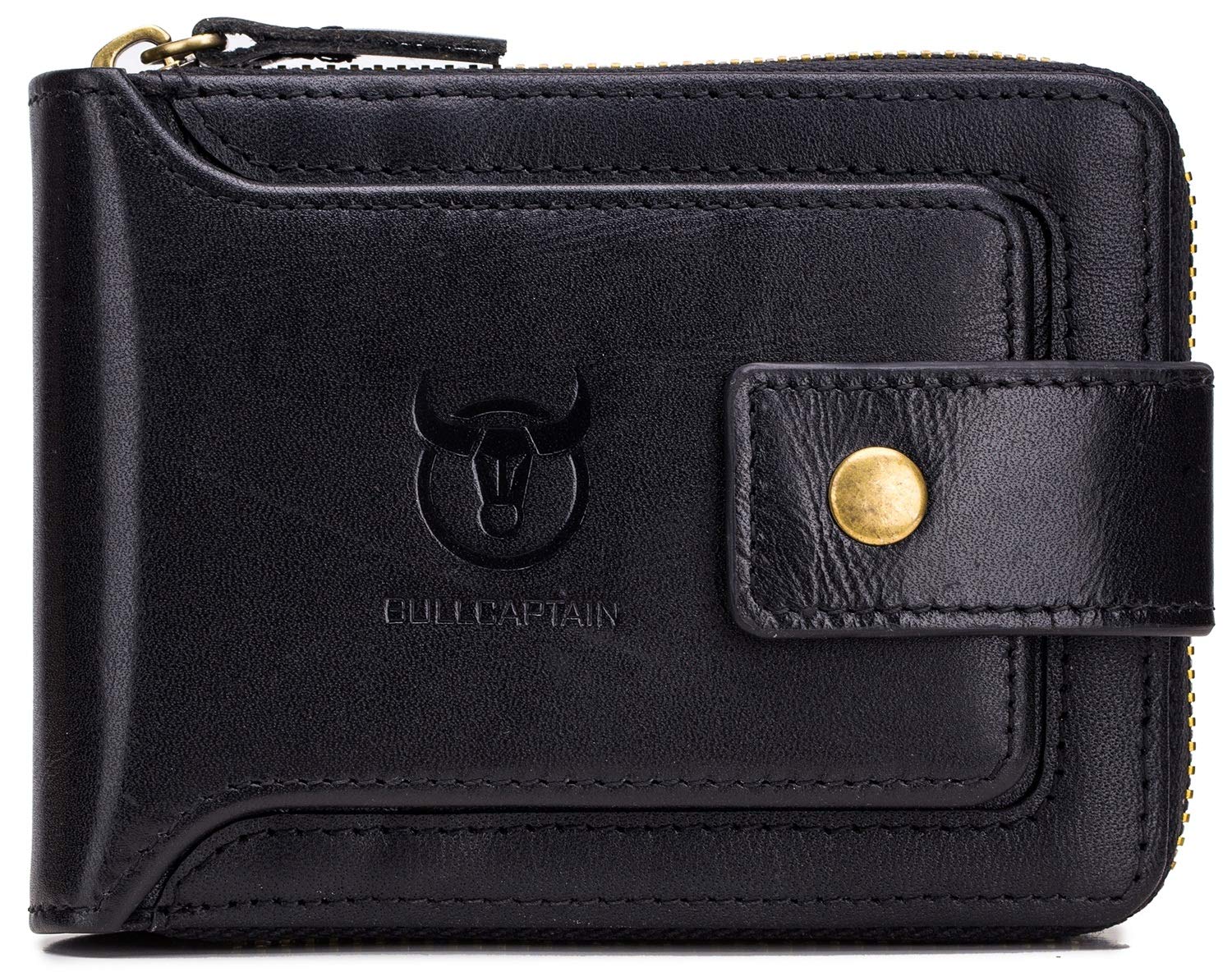 BULLCAPTAIN Men Zipper Around Wallet Genuine Leather RFID Blocking Bifold Large Capacity Coin Purse with ID Window (Black)