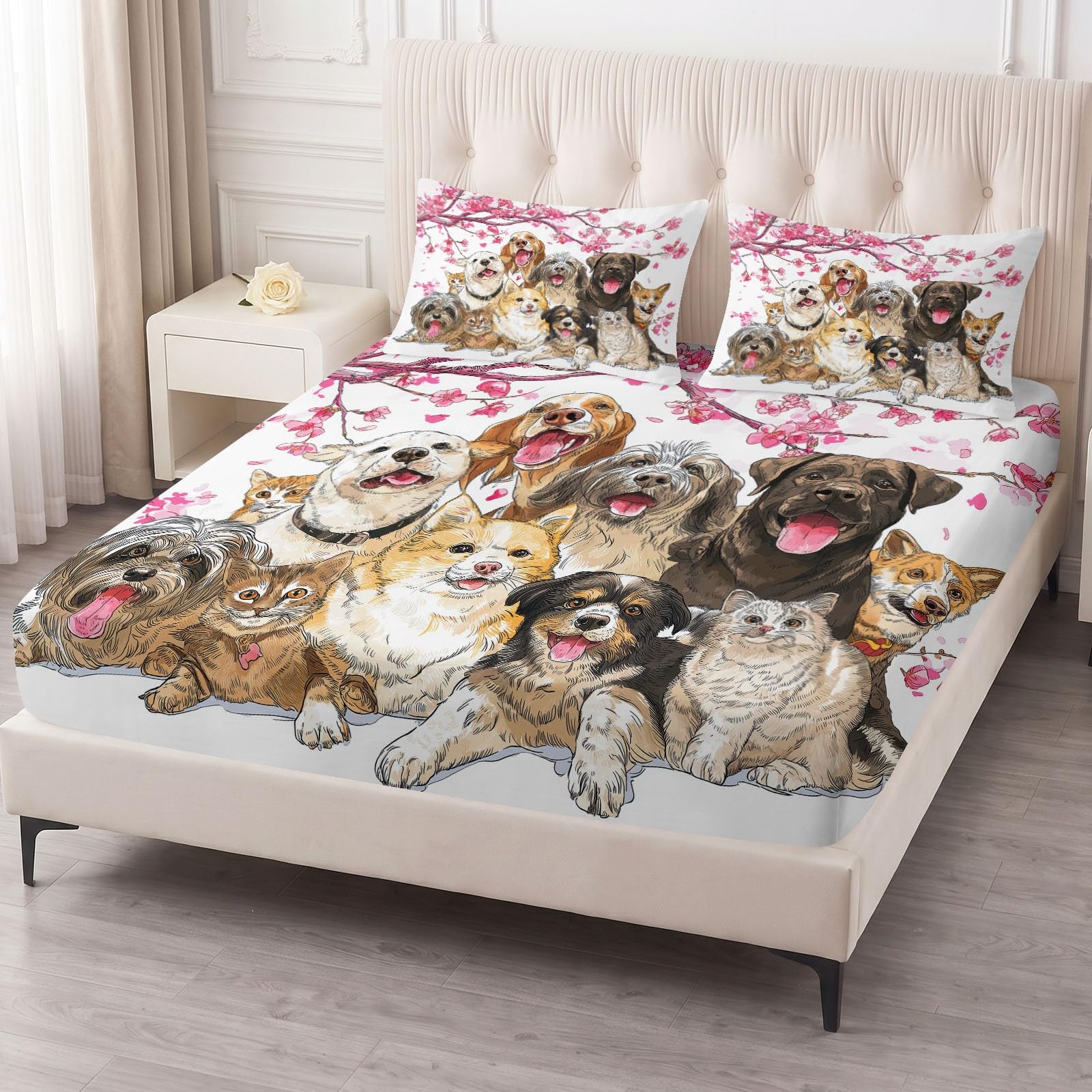 Juego de 3 sábanas bajeras ajustables de 140 x 200 cm para cuna, sábana bajera ajustable de microfibra transpirable, sábana bajera con bonito animal, gato y perro y 2 fundas de almohada con cremallera